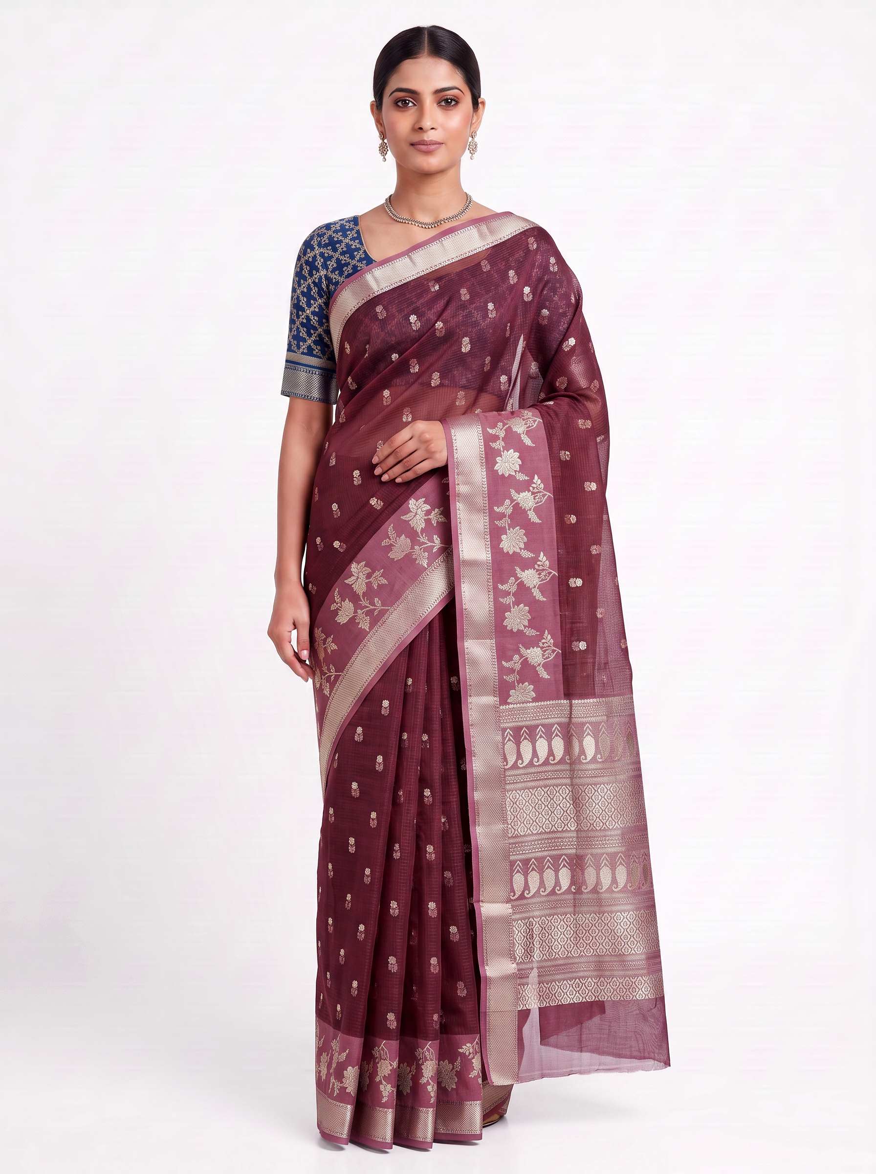 Pure Kota Doria Saree with Meena Work and Golden Zari Pallu - Deep Red with Dark Blue Blouse