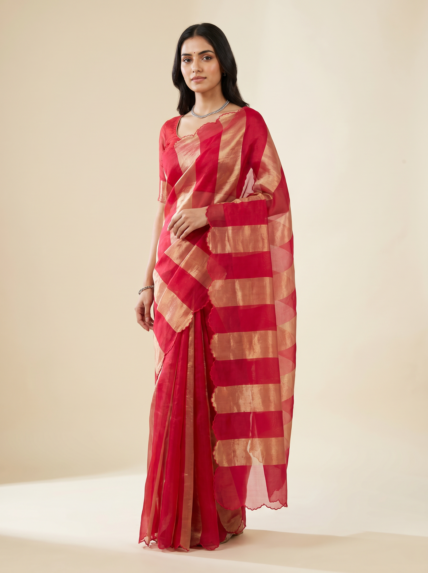 Pure Katan Tissue Silk Saree | Zari Stripe Pallu | Scallop Border | Red & Gold | With Blouse