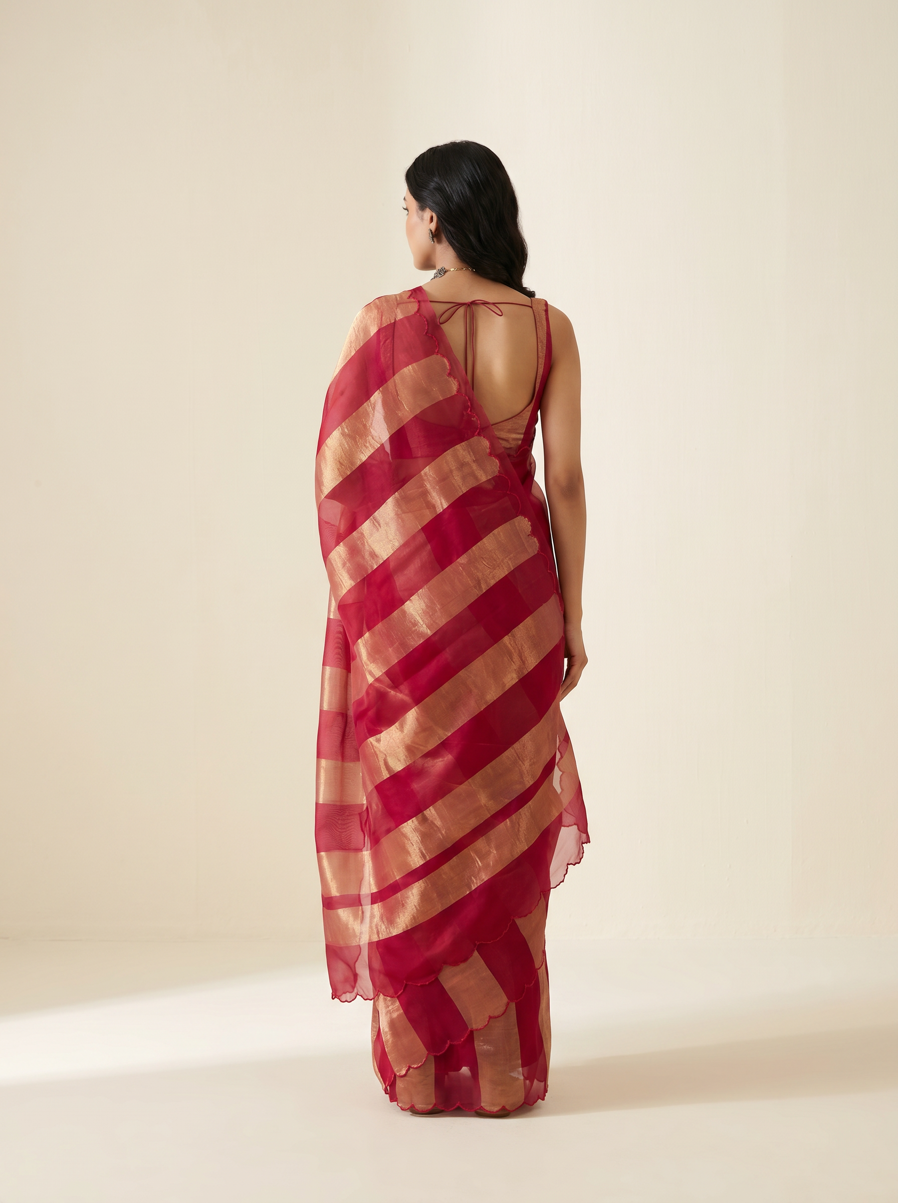 Pure Katan Tissue Silk Saree | Zari Stripe Pallu | Scallop Border | Red & Gold | With Blouse
