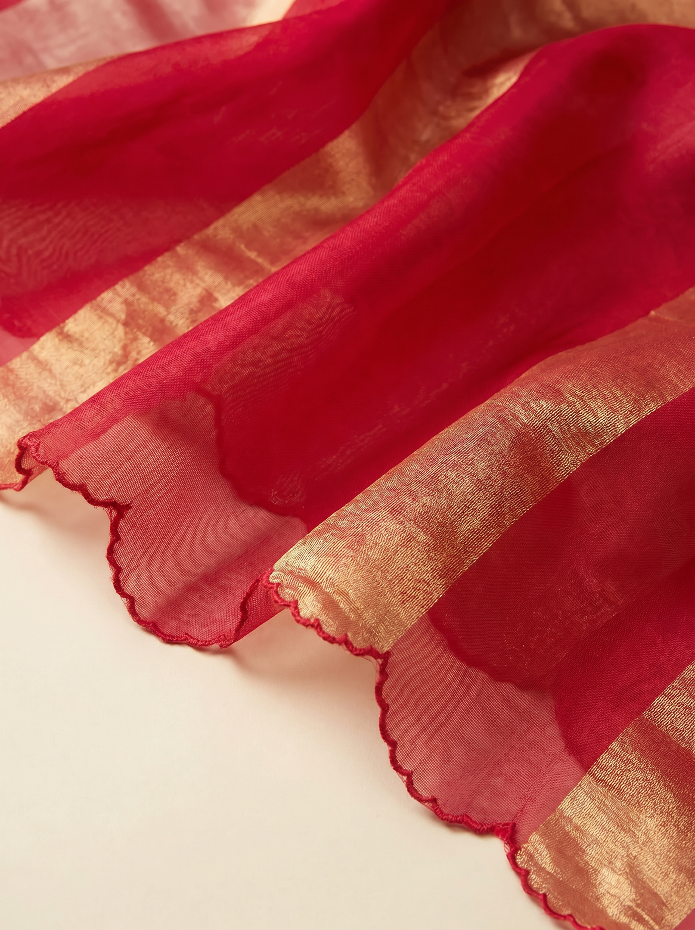 Pure Katan Tissue Silk Saree | Zari Stripe Pallu | Scallop Border | Red & Gold | With Blouse