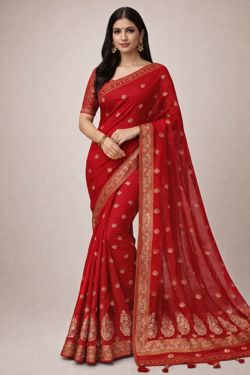 Red Silk Saree with All-Over Gold Butta (5.5m)