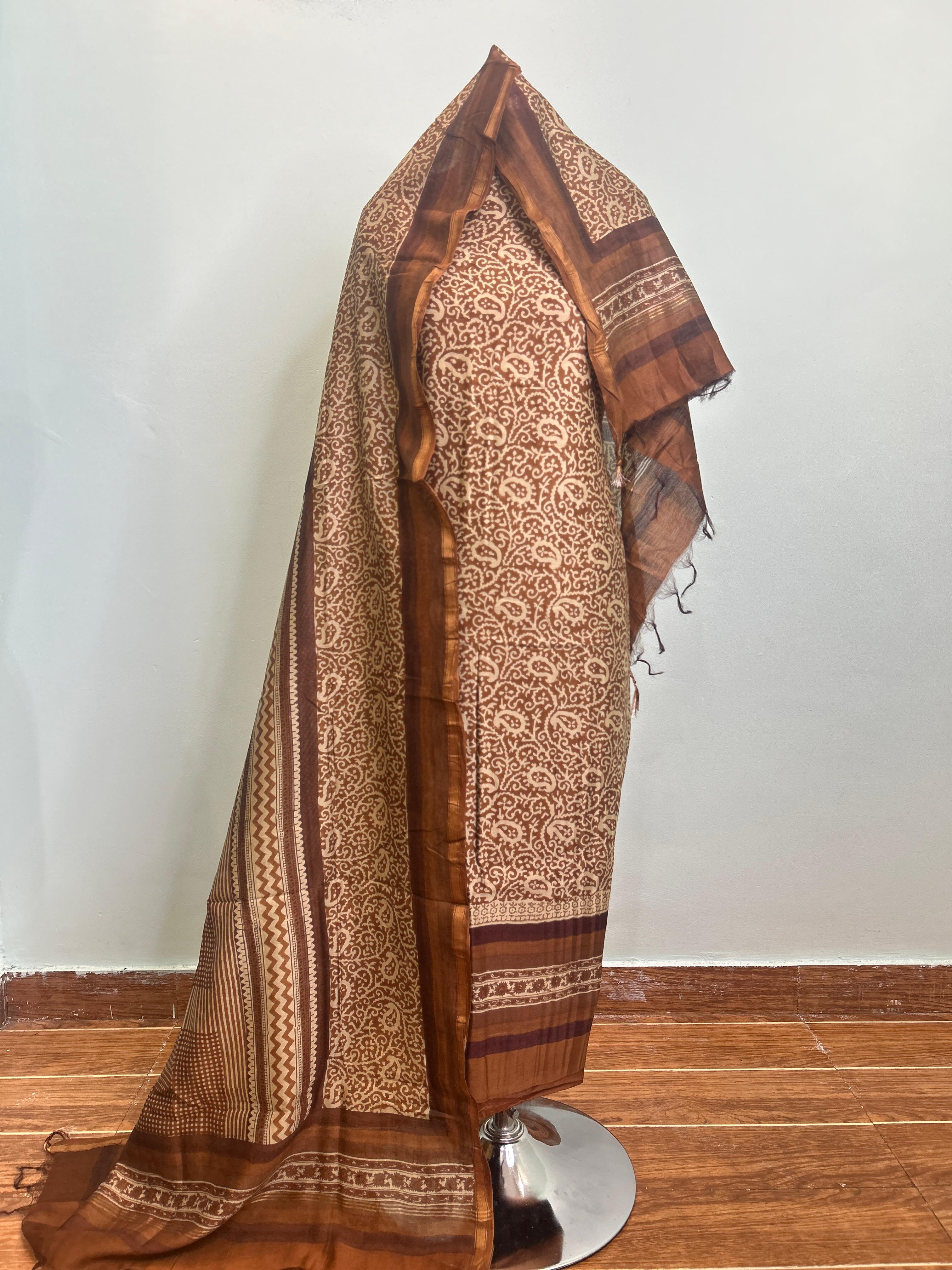 Brick Red + Off White Maheshwari silk suit material unstitched 3 piece set