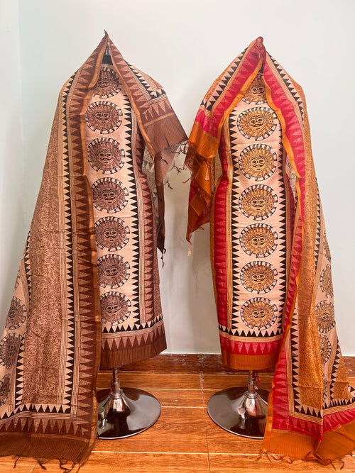 Brick Red + Terracotta Maheshwari silk suit material unstitched 3 piece set