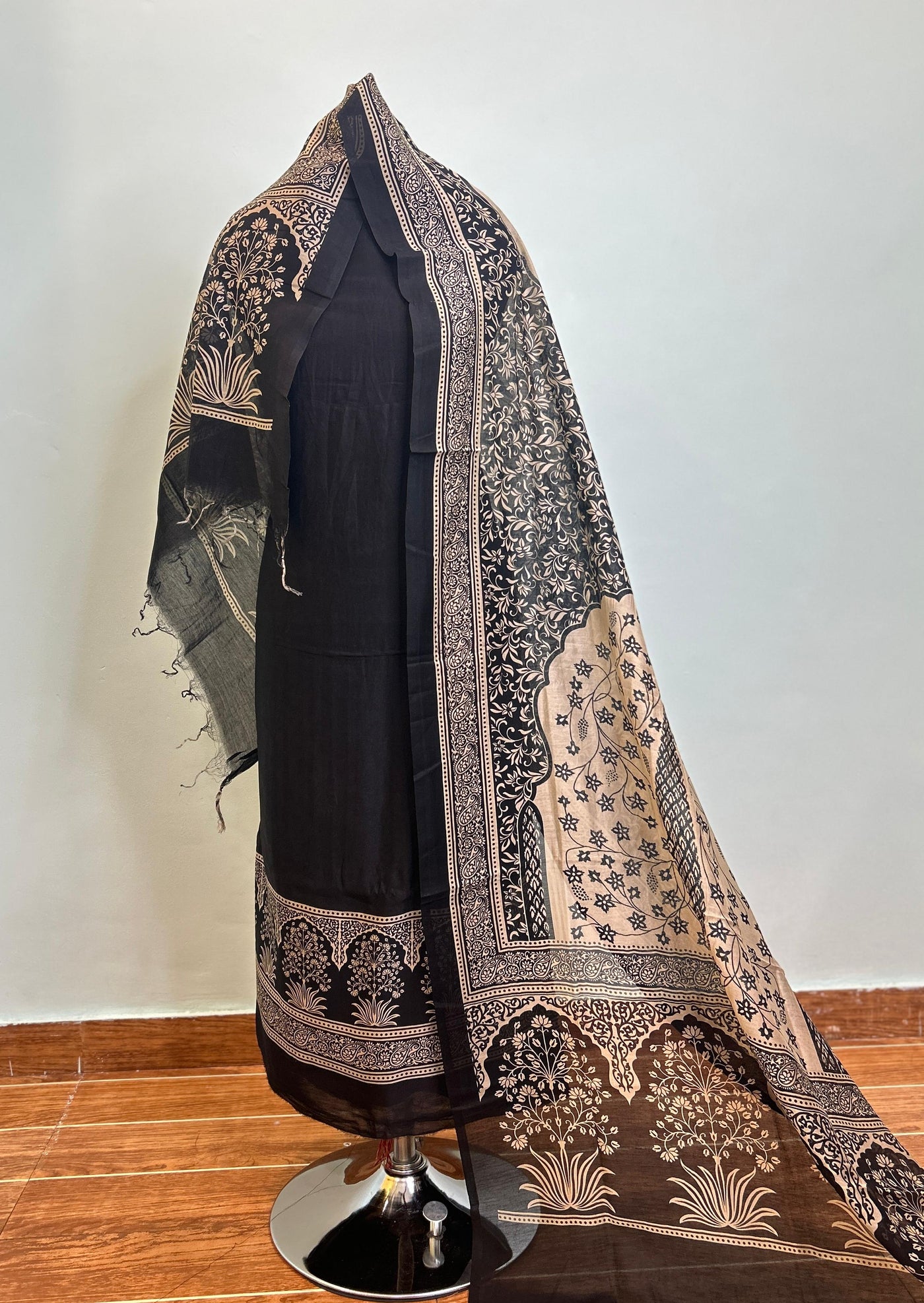 Off White + Charcoal Grey + Grey + Black Maheshwari silk suit material unstitched 3 piece set