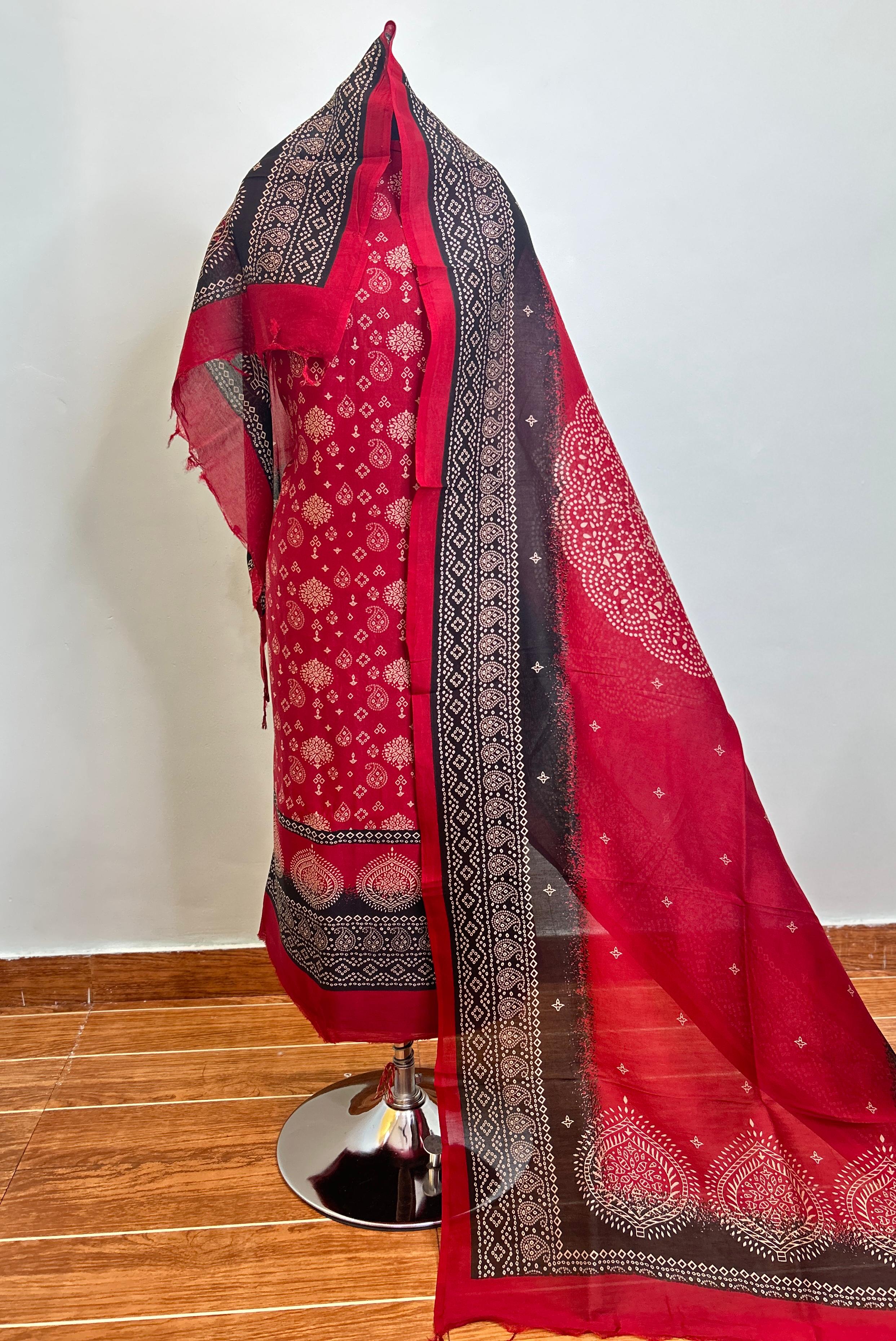 Crimson Maheshwari silk suit material unstitched 3 piece set