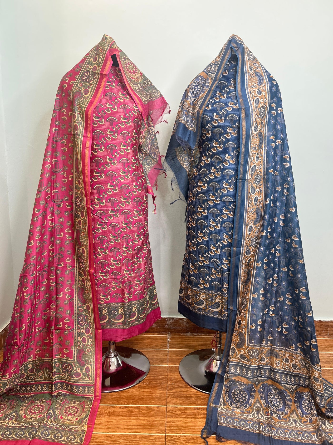 Deep Red + Navy Blue + Grey Maheshwari silk suit material unstitched 3 piece set