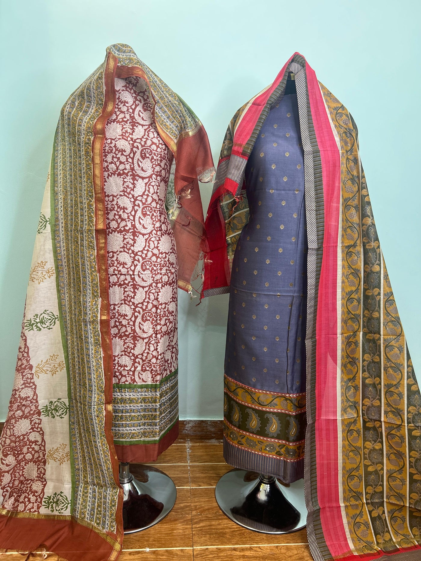 Deep Red + Navy Blue Maheshwari silk suit material unstitched 3 piece set