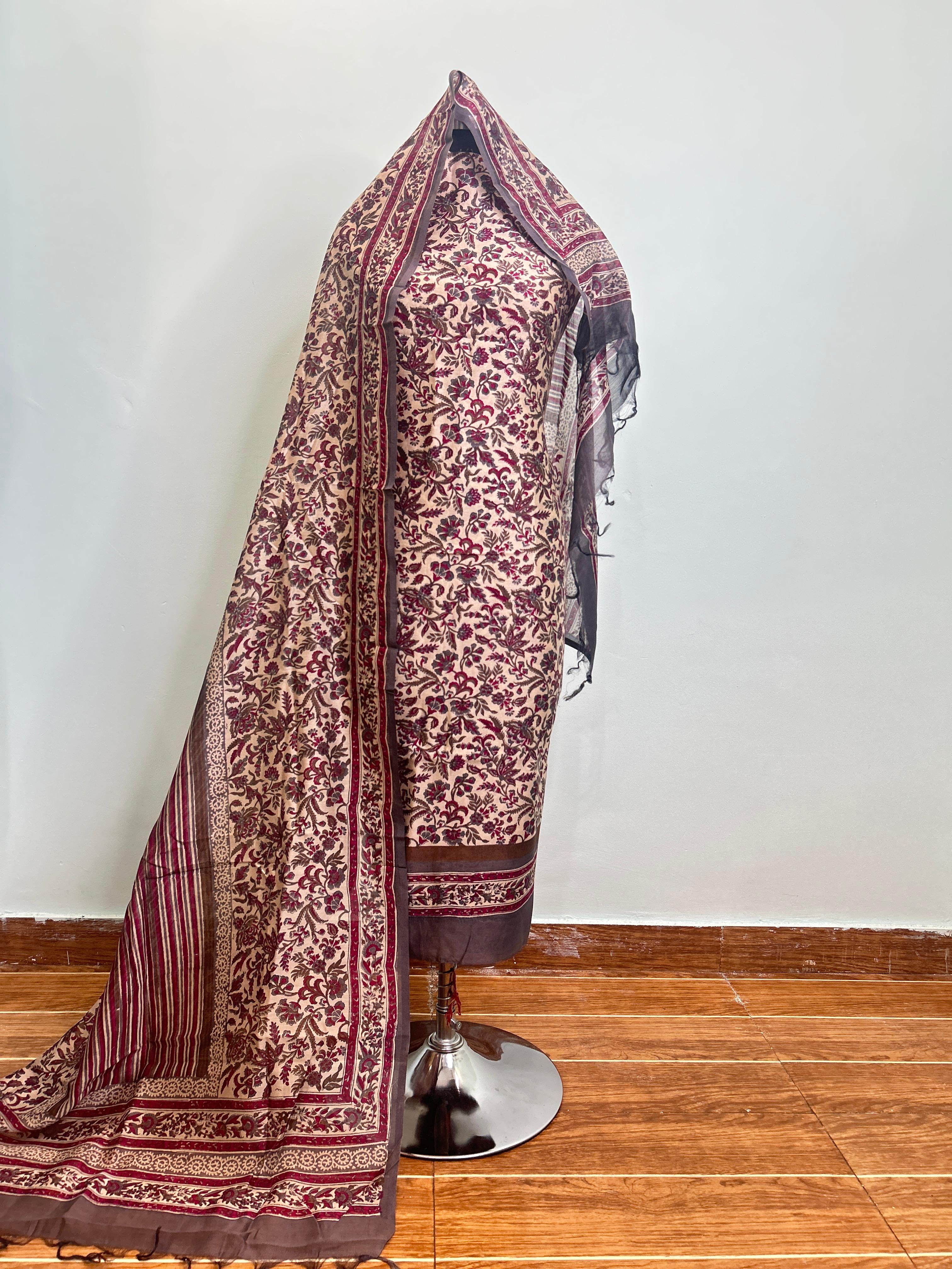 Off White + Deep Red Maheshwari silk suit material unstitched 3 piece set