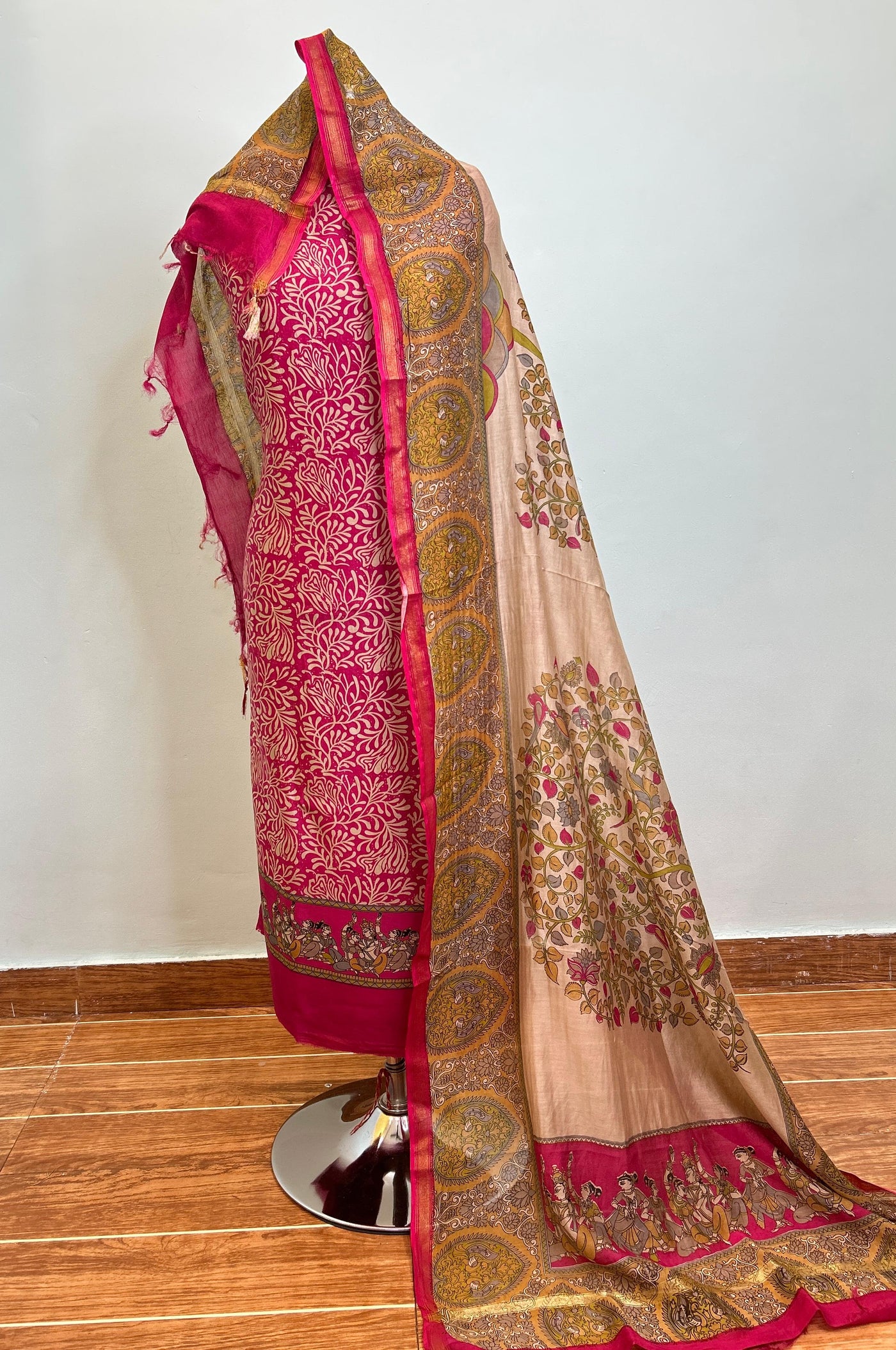 Off White + Deep Red + Rani Pink Maheshwari silk suit material unstitched 3 piece set