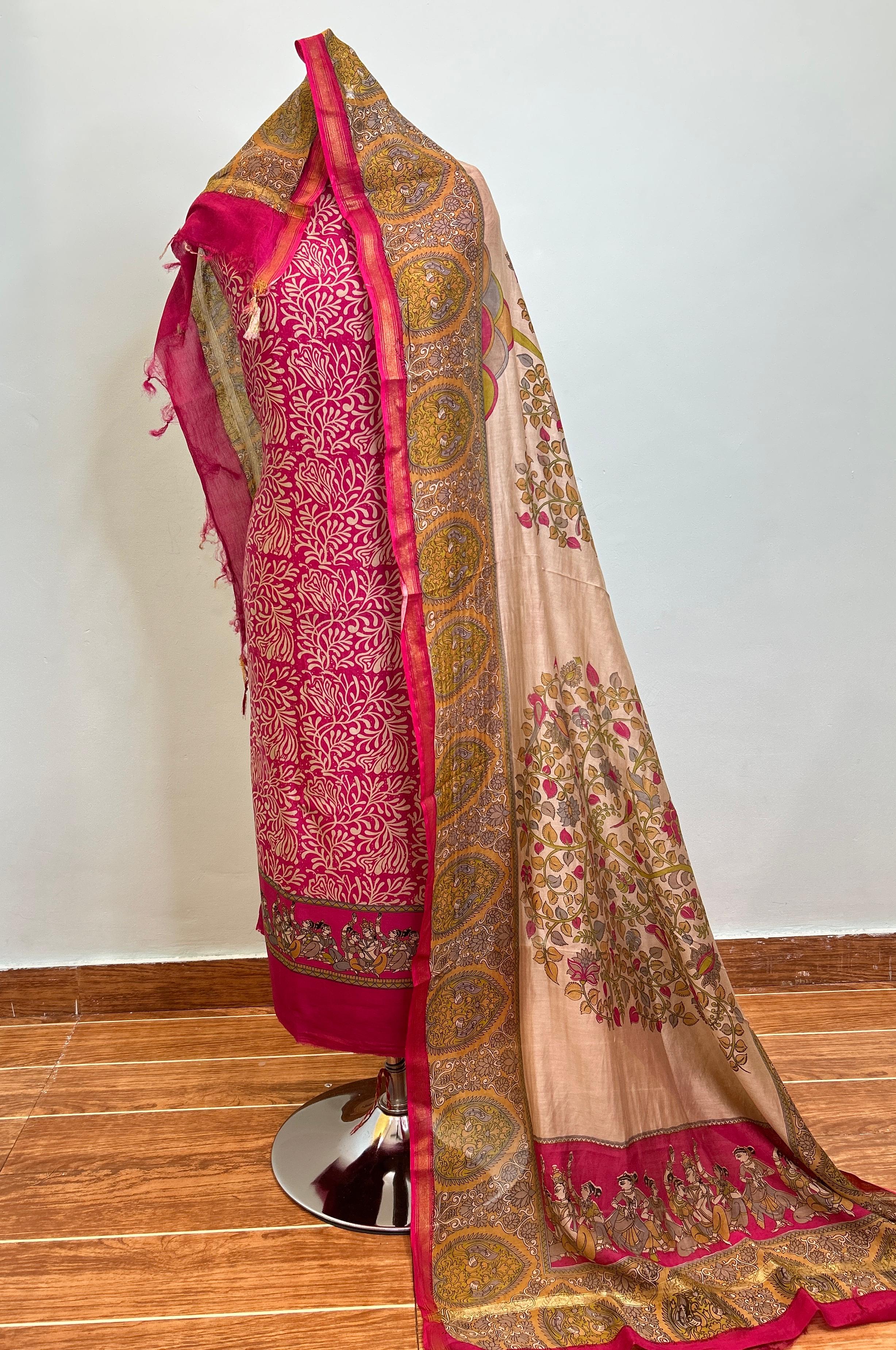 Off White + Deep Red + Rani Pink Maheshwari silk suit material unstitched 3 piece set