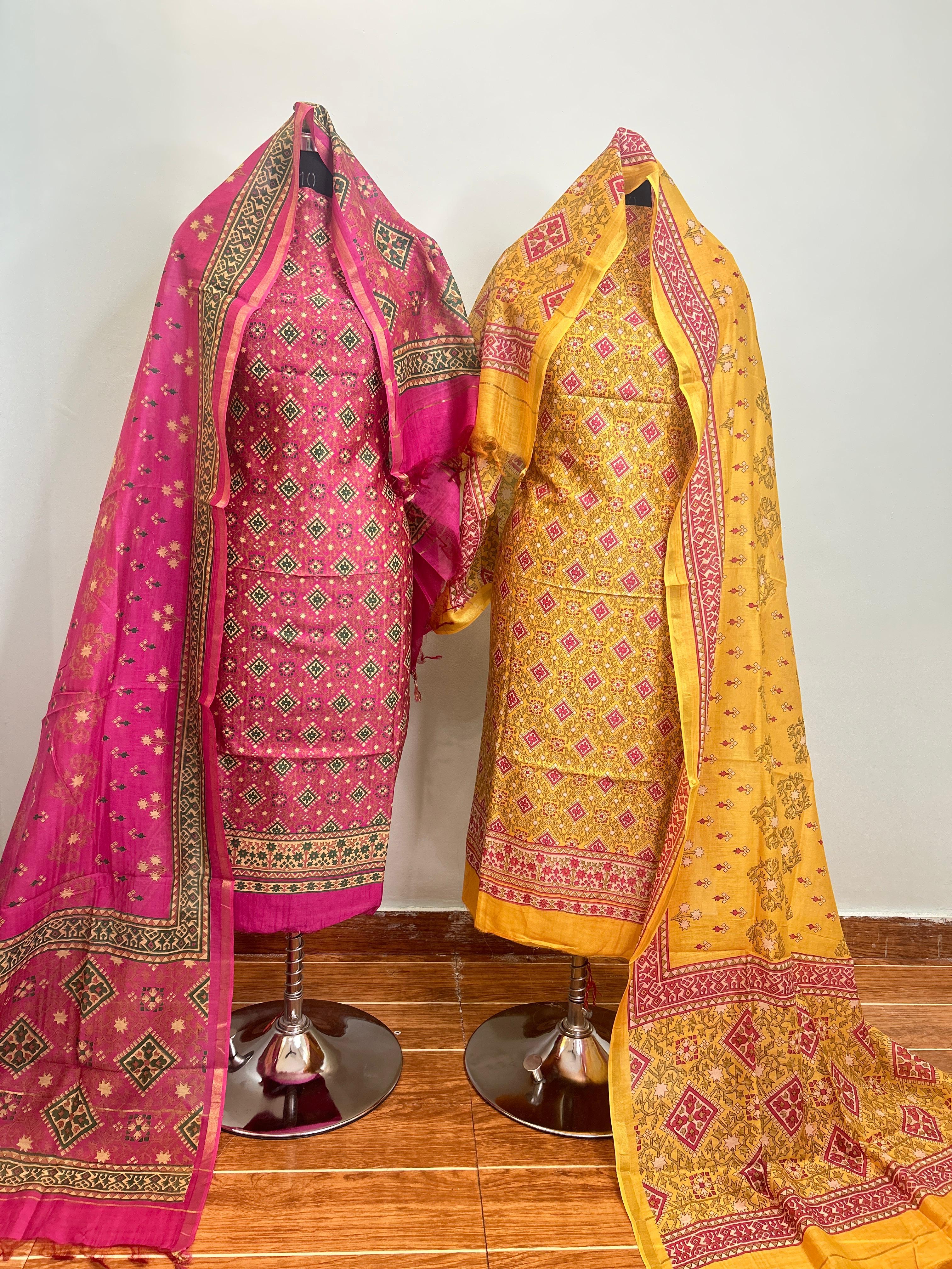 Off White + Deep Red + Rani Pink Maheshwari silk suit material unstitched 3 piece set