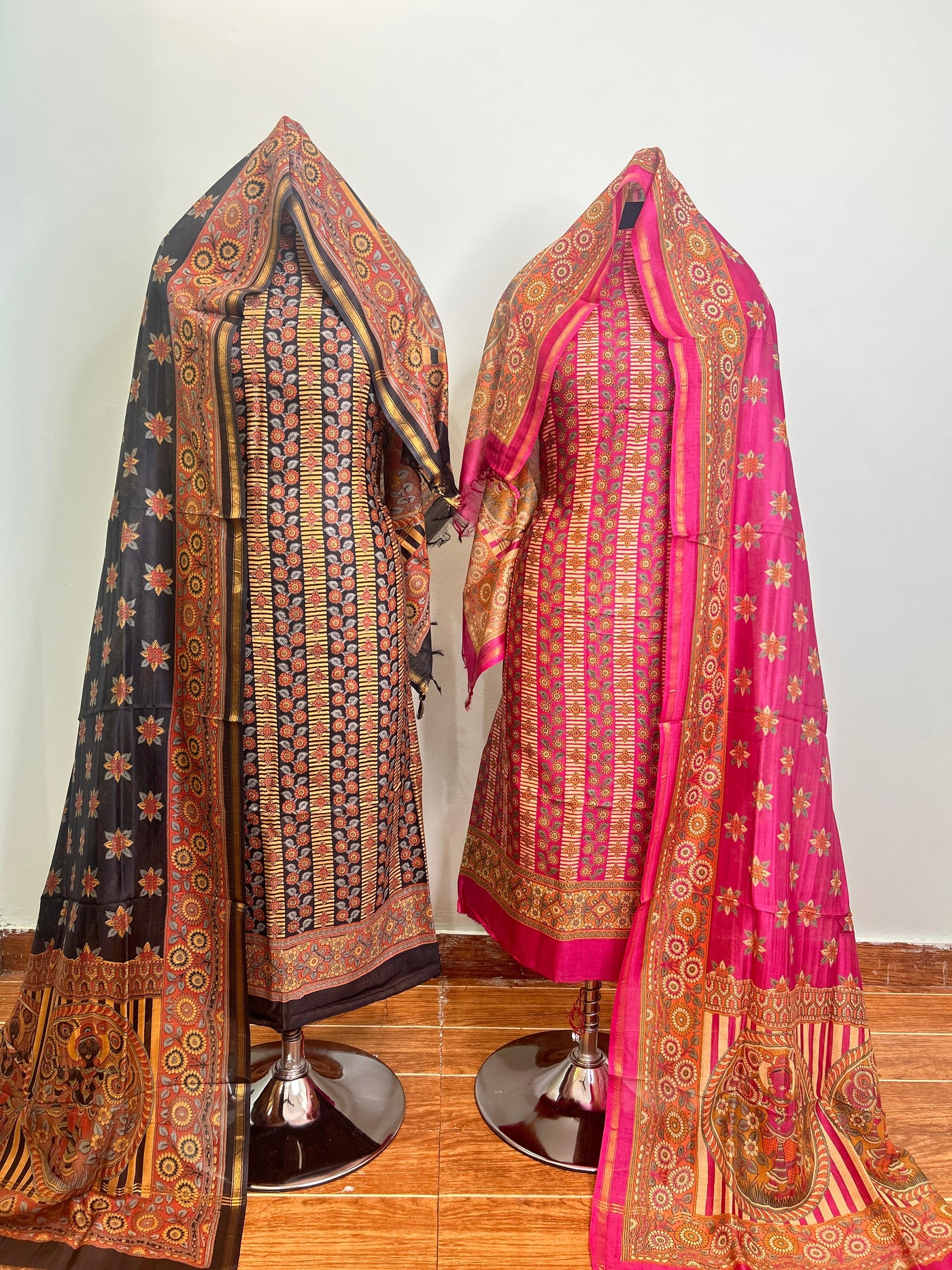 Deep Red + Rani Pink Maheshwari silk suit material unstitched 3 piece set