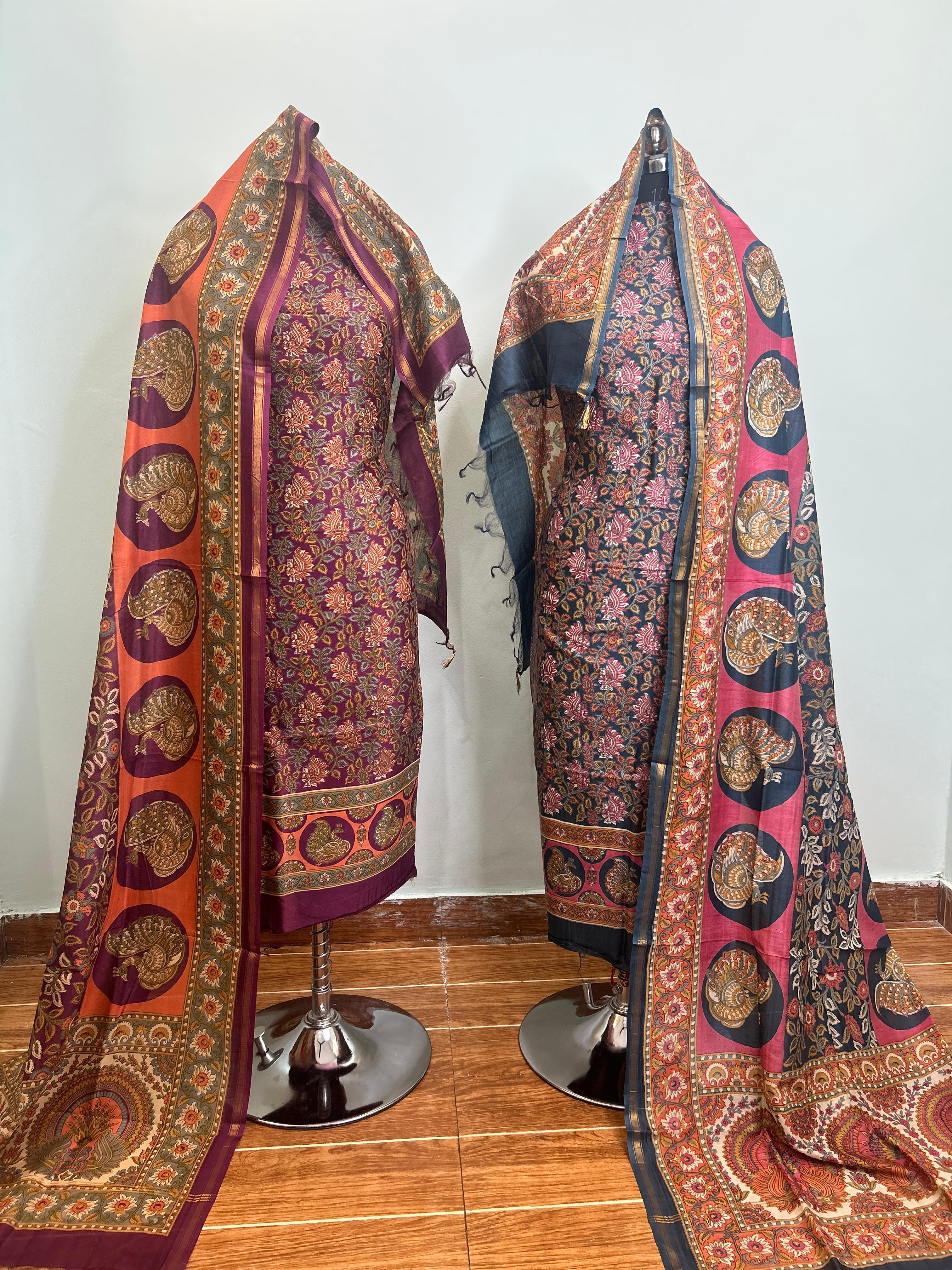 Deep Red Maheshwari silk suit material unstitched 3 piece set