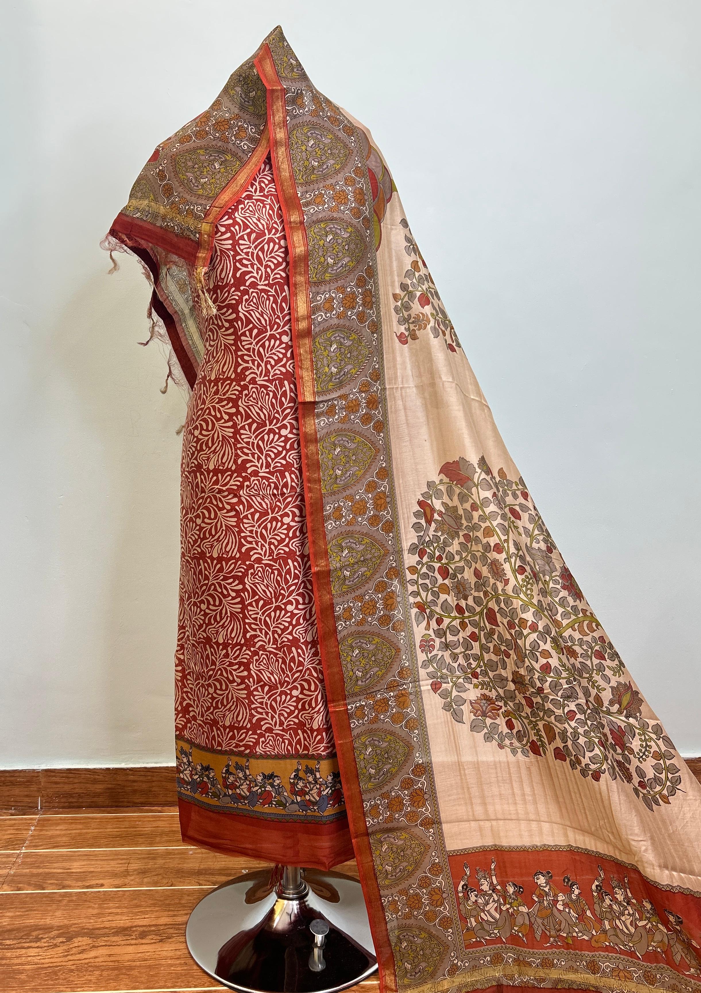 Off White + Terracotta + Deep Red Maheshwari silk suit material unstitched 3 piece set