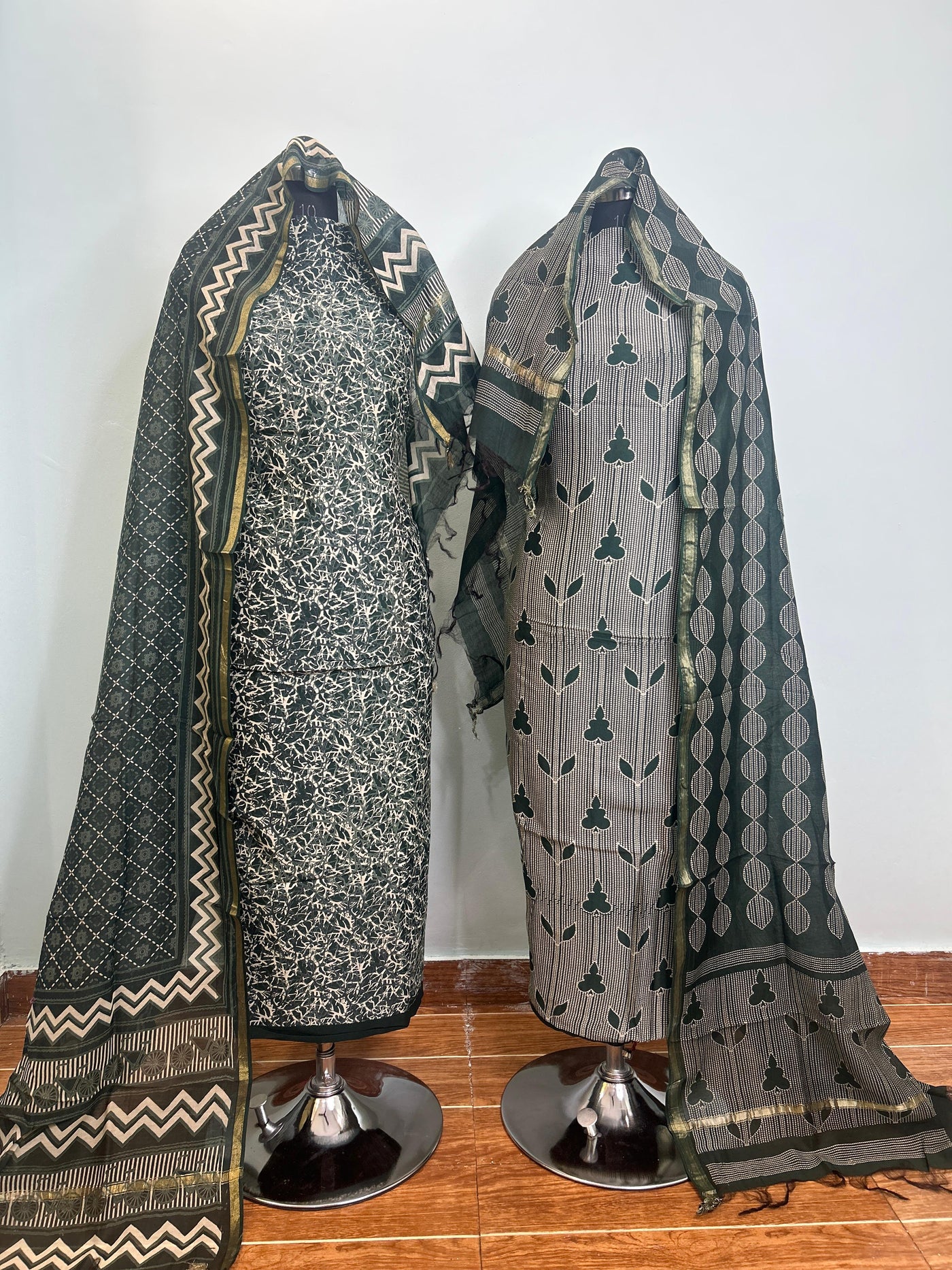 Charcoal Grey + Grey Maheshwari silk suit material unstitched 3 piece set