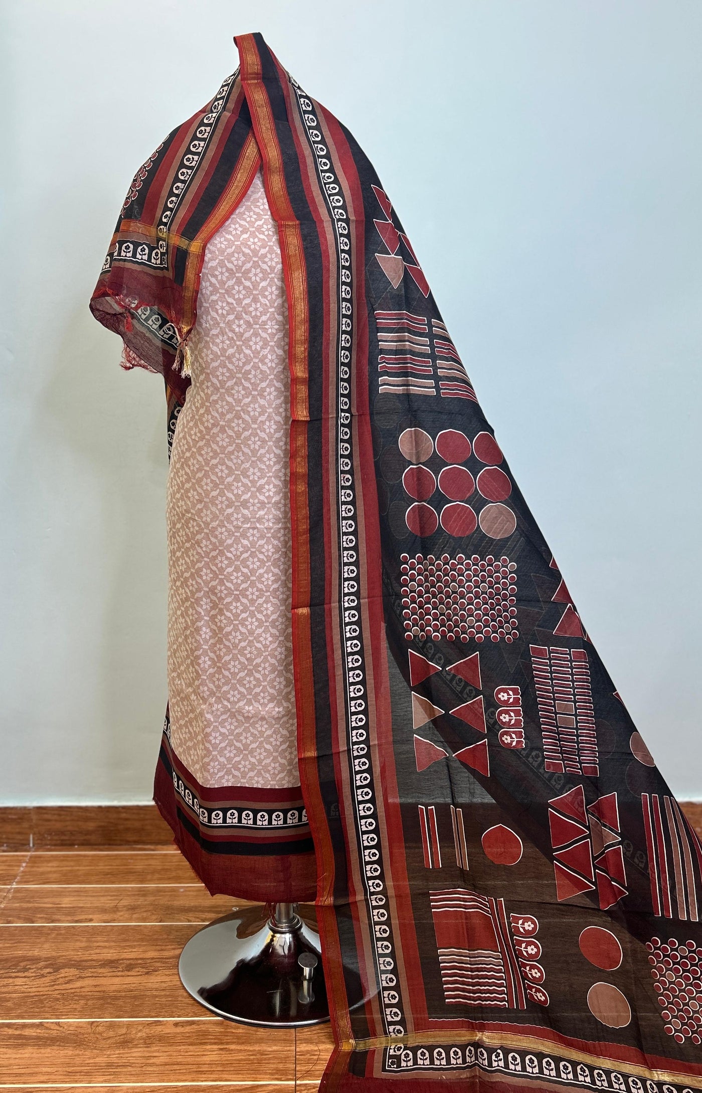Off White + Maroon Maheshwari silk suit material unstitched 3 piece set