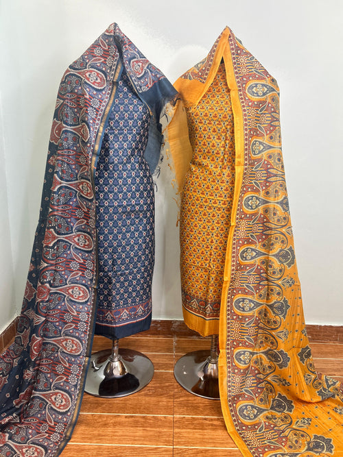 Brick Red + Navy Blue + Grey + Ivory Maheshwari silk suit material unstitched 3 piece set