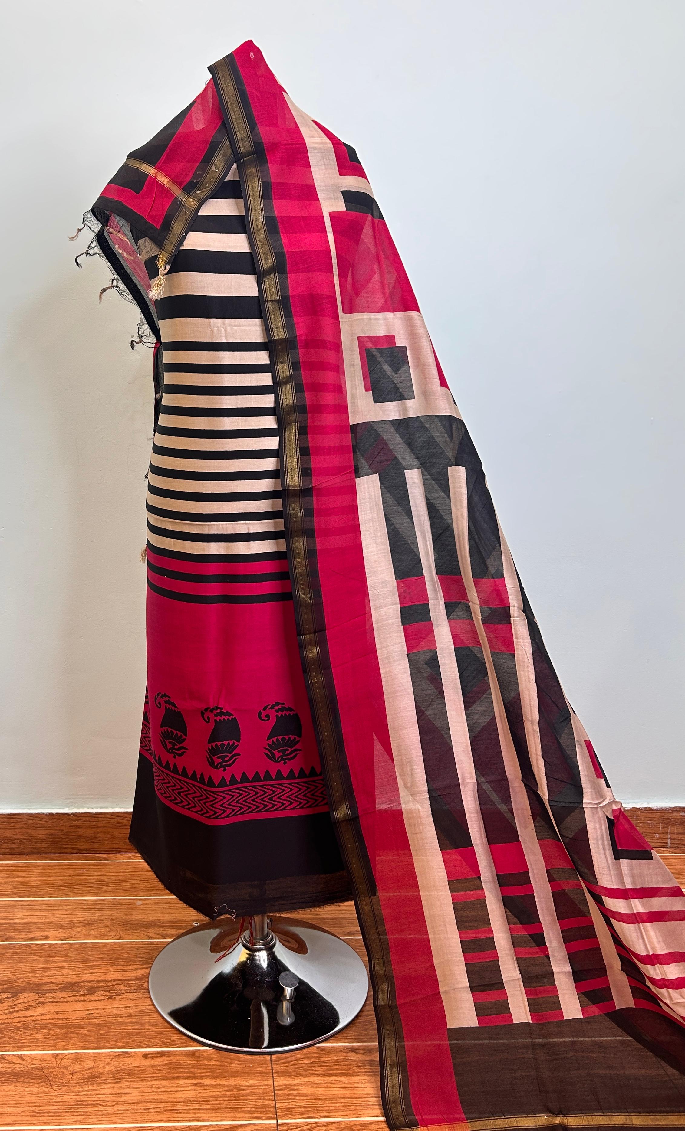 Off White + Rani Pink + Wine Maheshwari silk suit material unstitched 3 piece set