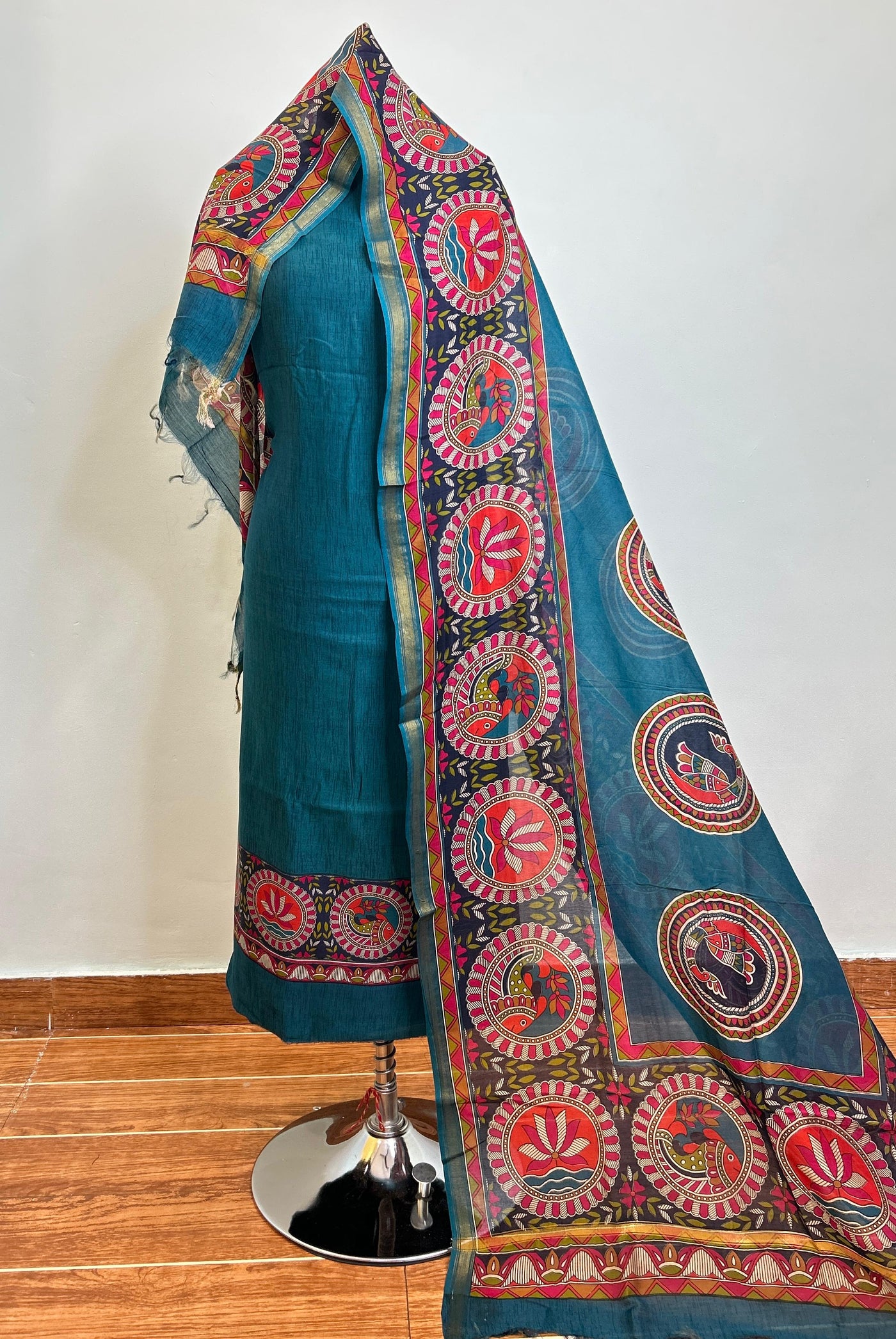 Off White + Deep Red + Teal Blue Maheshwari silk suit material unstitched 3 piece set