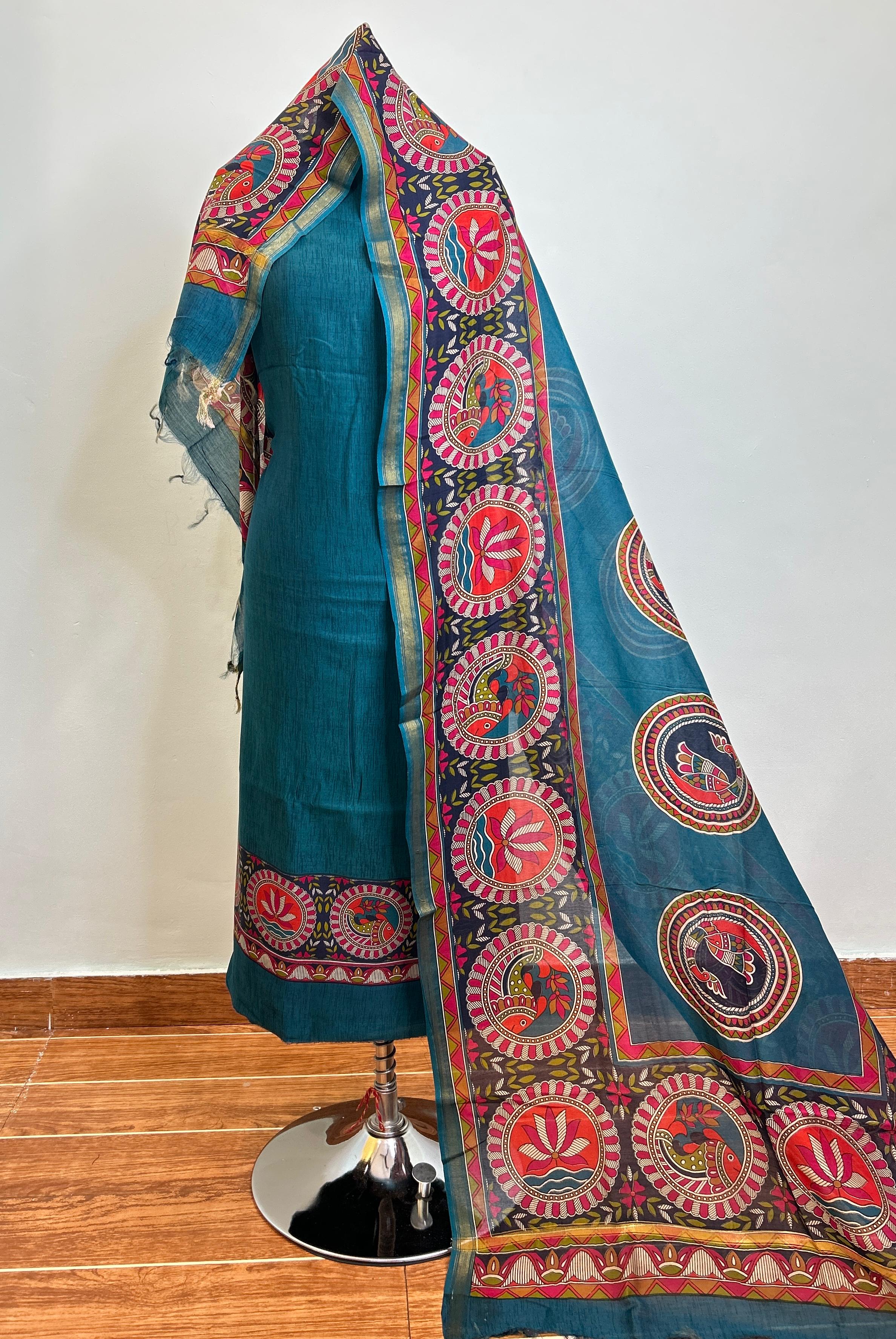 Off White + Deep Red + Teal Blue Maheshwari silk suit material unstitched 3 piece set