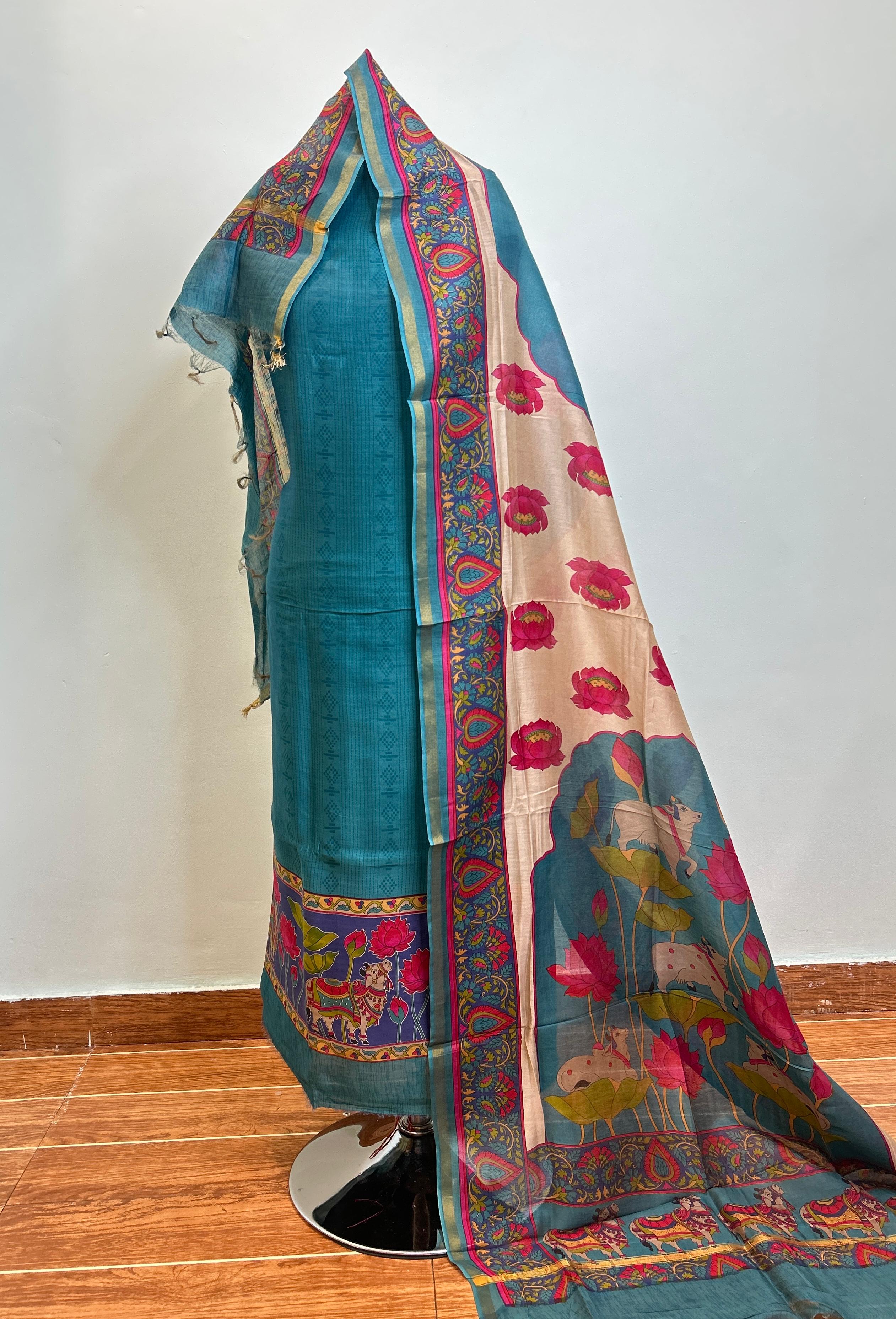 Off White + Deep Red + Teal Blue Maheshwari silk suit material unstitched 3 piece set