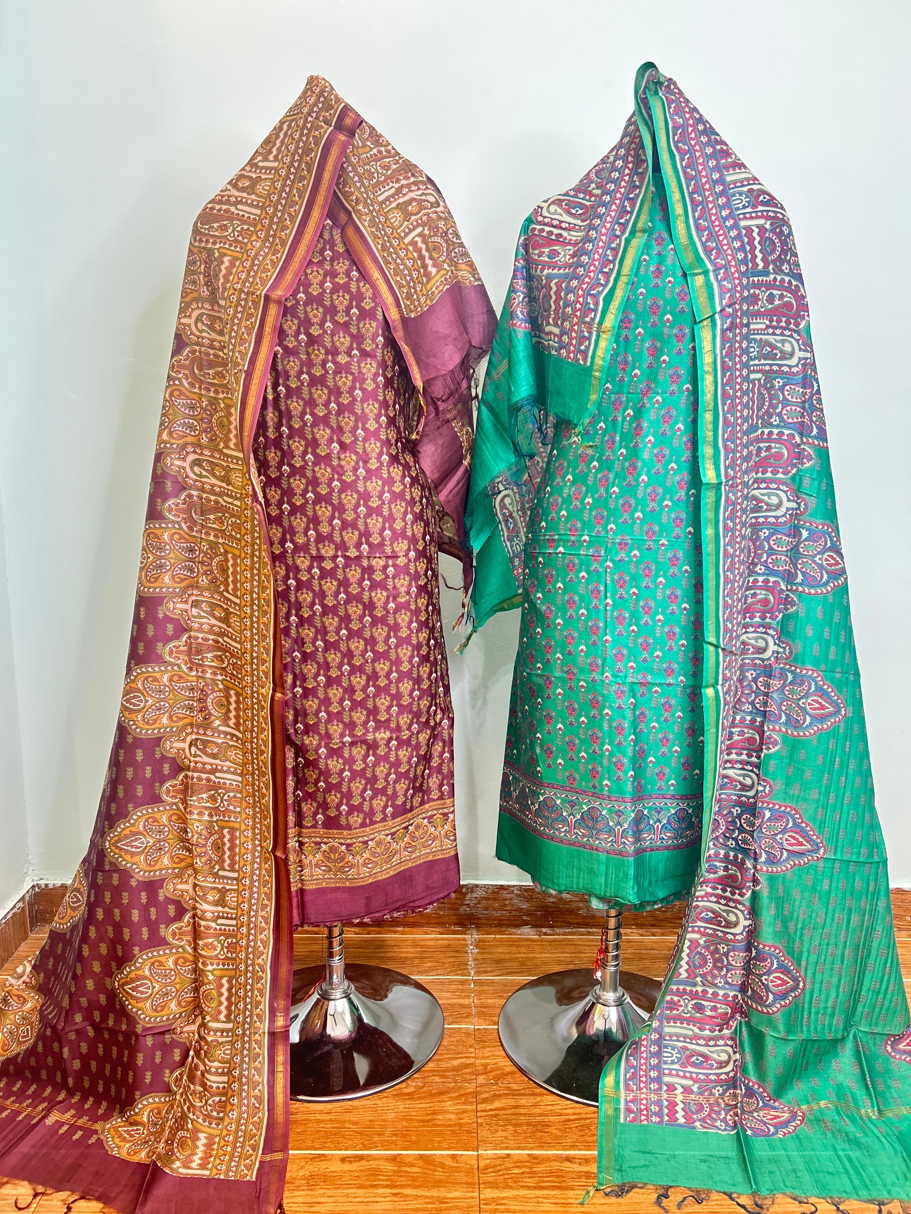 Deep Red + Teal Blue Maheshwari silk suit material unstitched 3 piece set