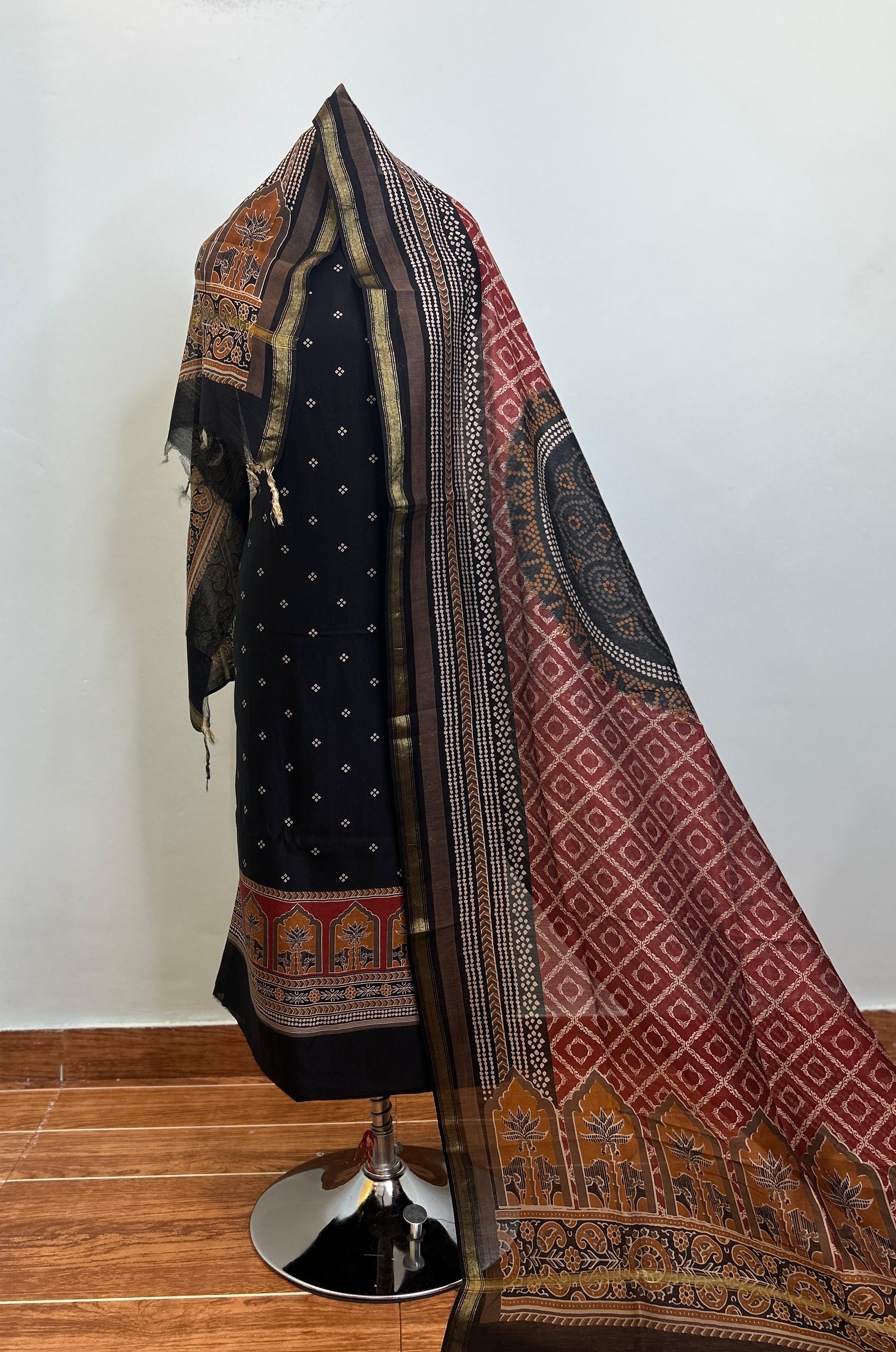 Off White + Wine Maheshwari silk suit material unstitched 3 piece set