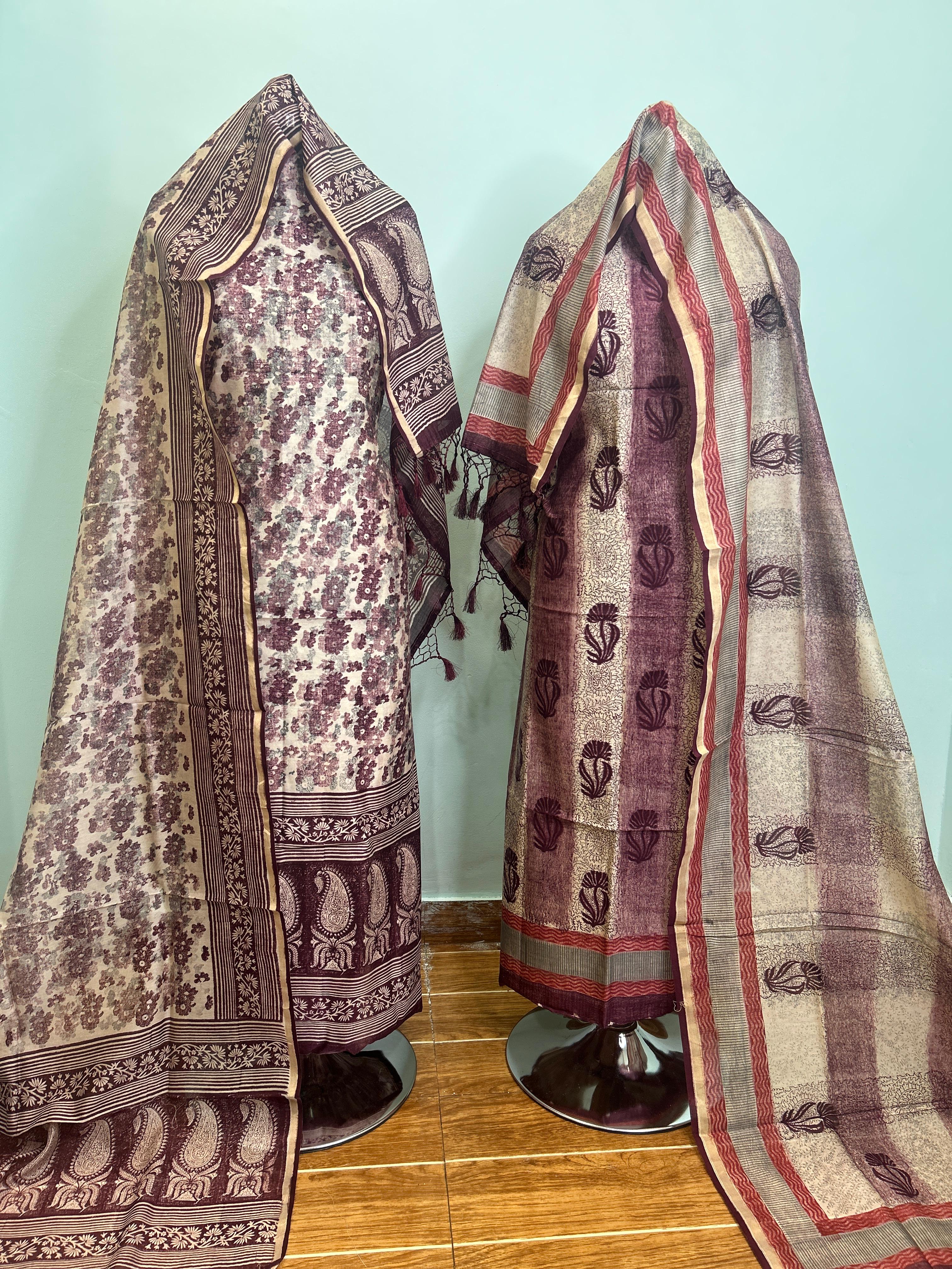 Wine Maheshwari silk suit material unstitched 3 piece set