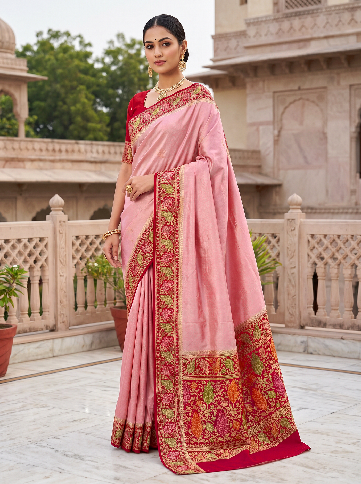 Meenakshi Silk Saree | Deep Red + Rose Pink + Beige Festive Silk | Coordinated Border | Reshmi Sarees image 4