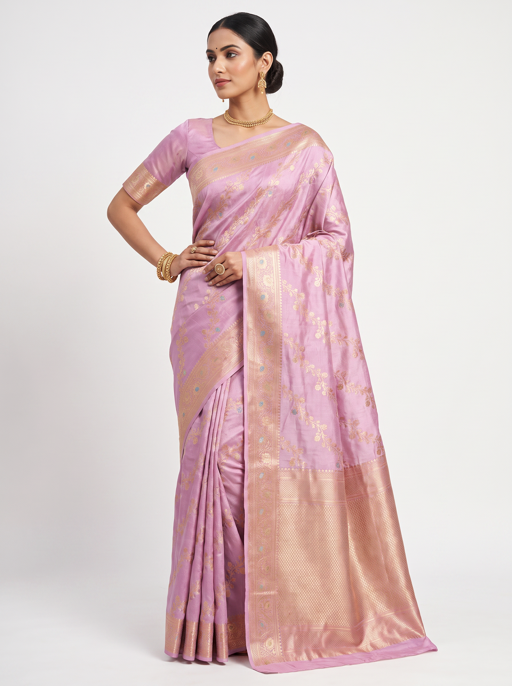 Meenakshi Silk Saree | Dusty Pink + Beige Festive Silk | Coordinated Border | Reshmi Sarees image 2