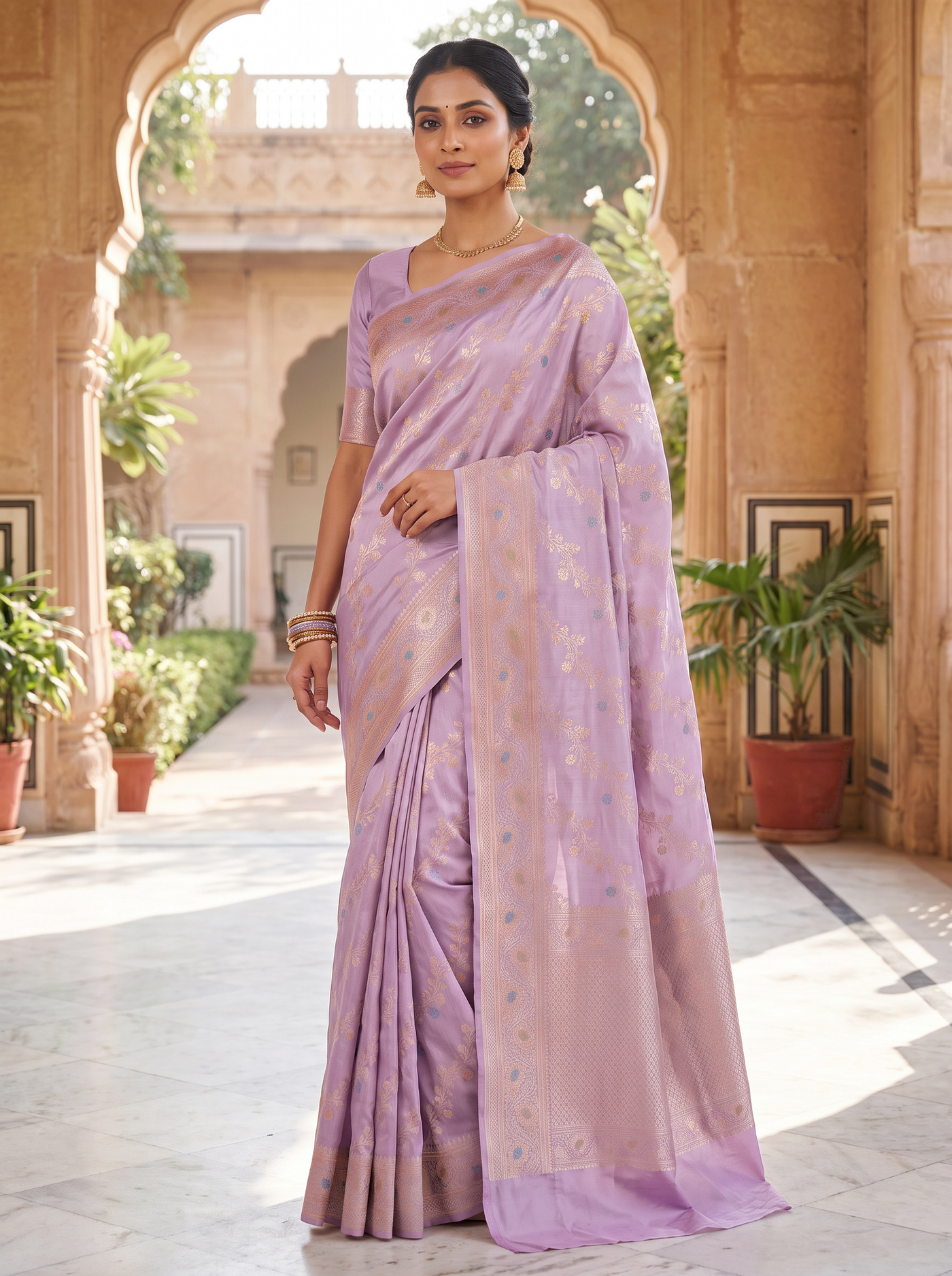 Meenakshi Silk Saree | Dusty Pink + Beige Festive Silk | Coordinated Border | Reshmi Sarees image 4