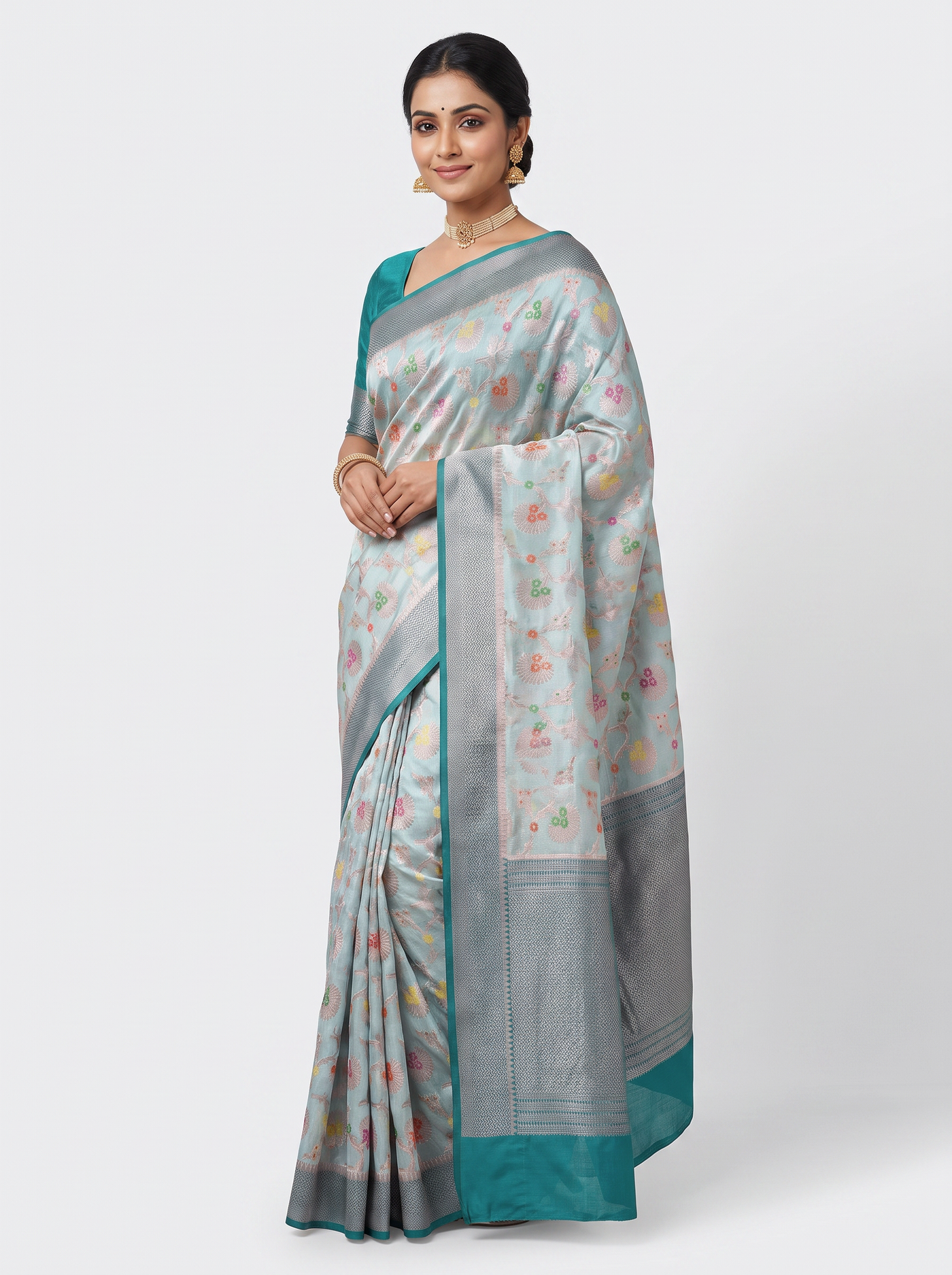 Off White + Silver Grey + Grey Meenakshi silk saree with festive border
