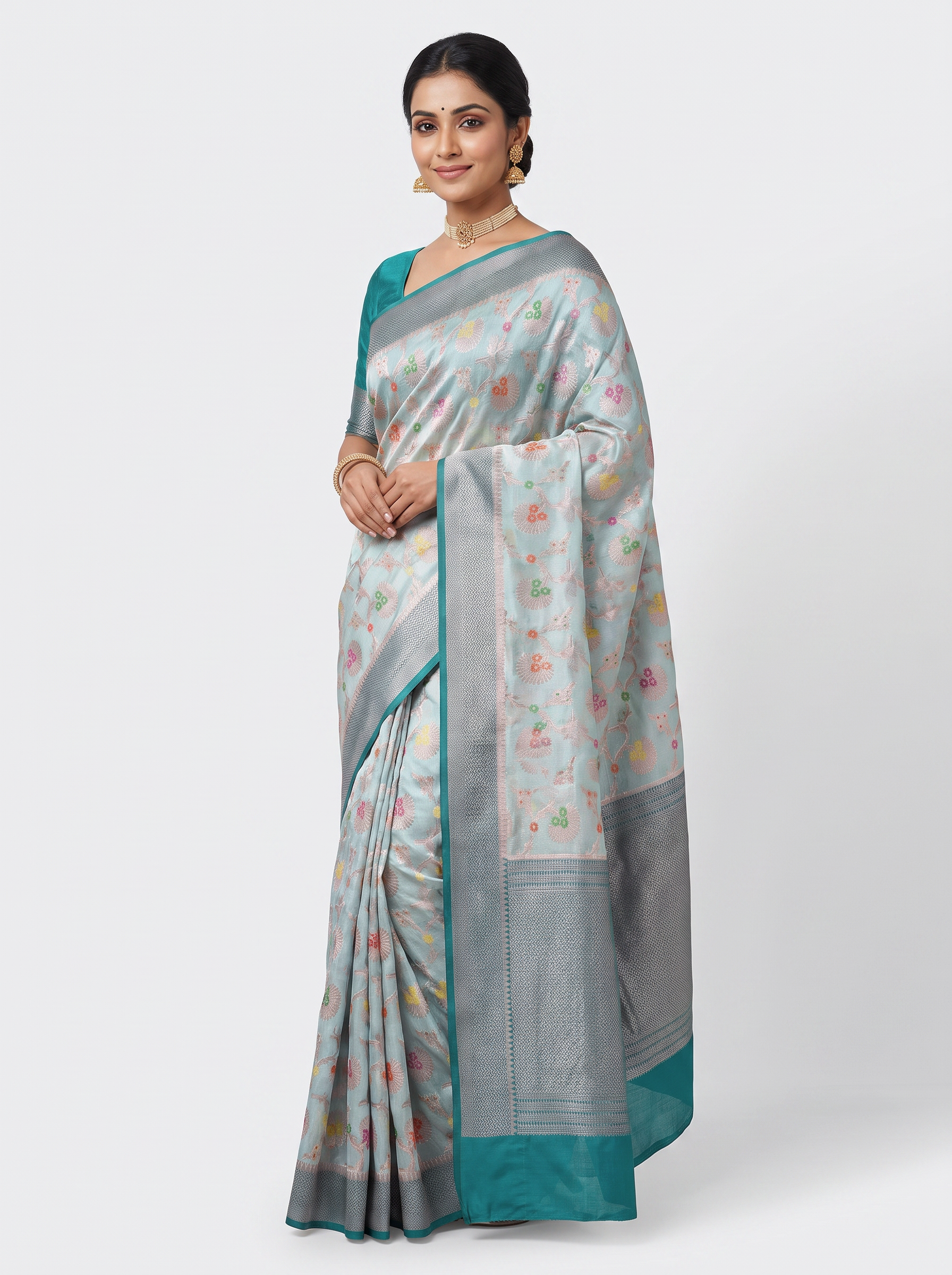 Off White + Silver Grey + Grey Meenakshi silk saree with festive border