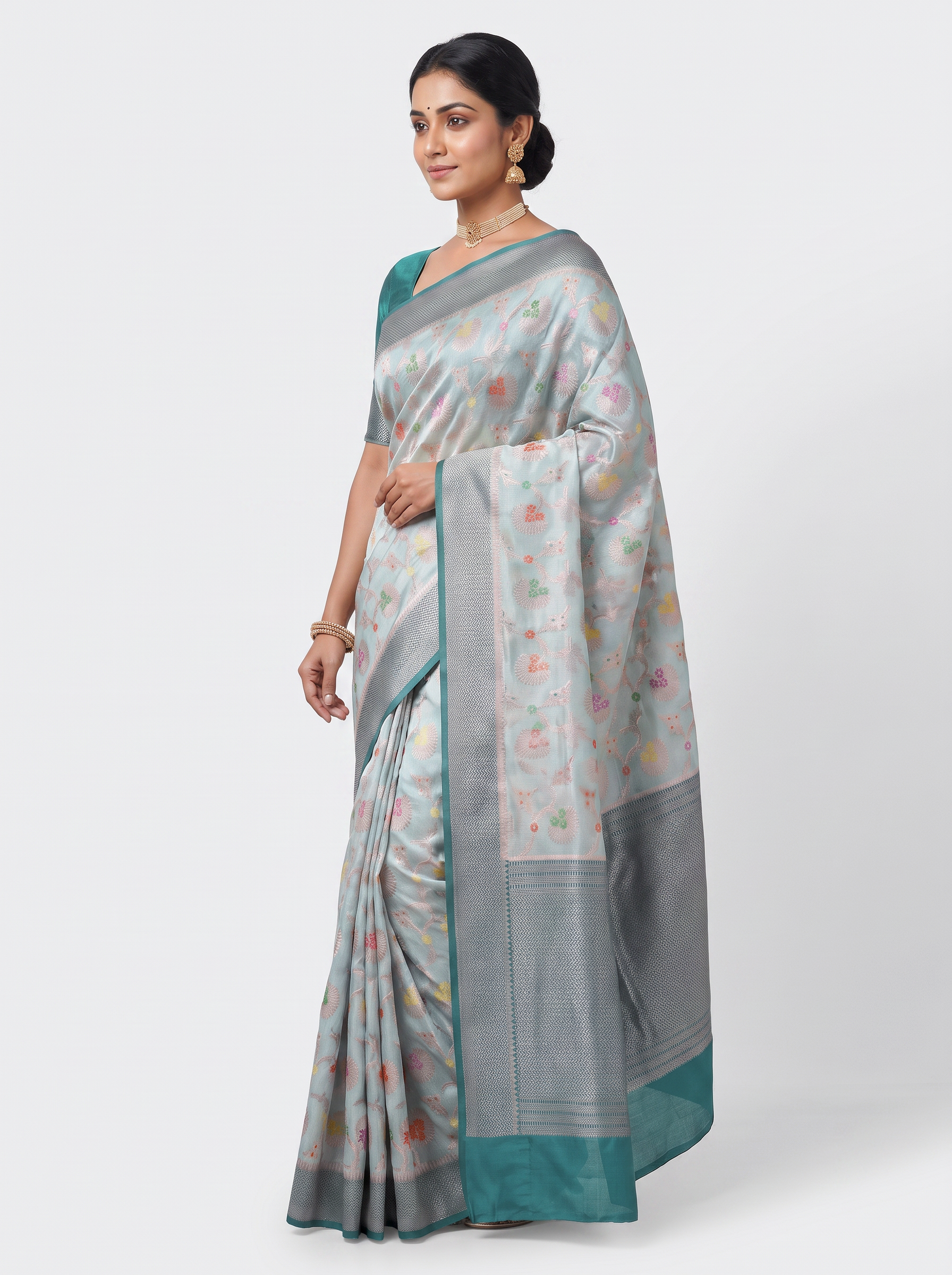 Meenakshi Silk Saree | Off White + Silver Grey + Grey Festive Silk | Contrast Border | Reshmi Sarees image 2