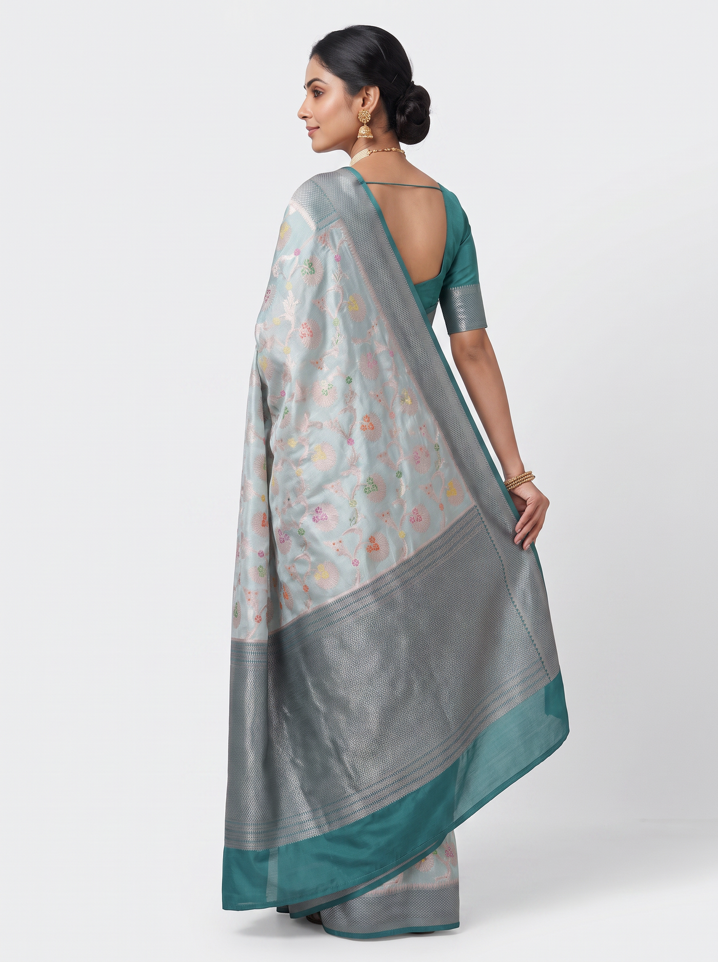 Meenakshi Silk Saree | Off White + Silver Grey + Grey Festive Silk | Contrast Border | Reshmi Sarees image 3