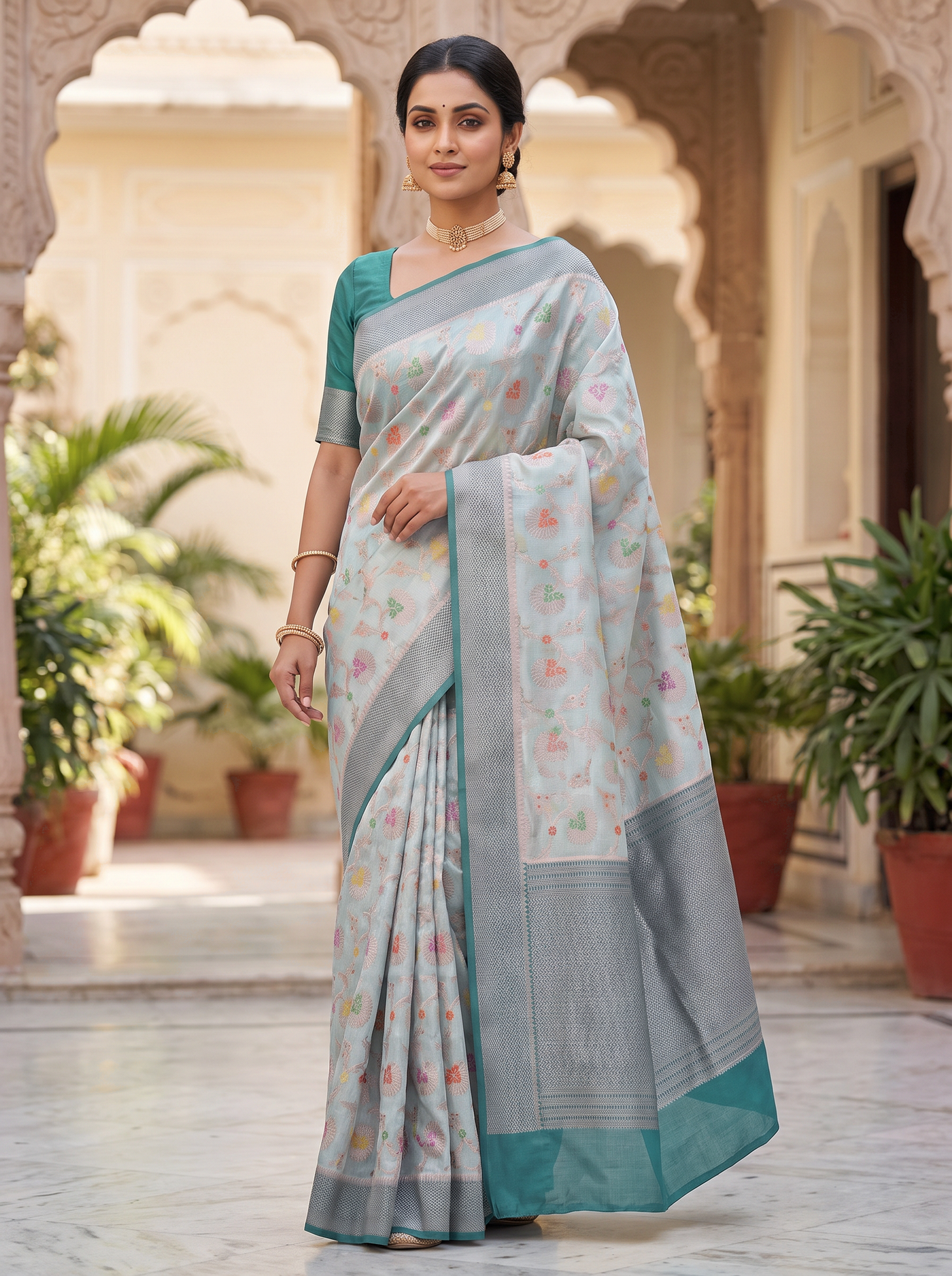 Meenakshi Silk Saree | Off White + Silver Grey + Grey Festive Silk | Contrast Border | Reshmi Sarees image 4