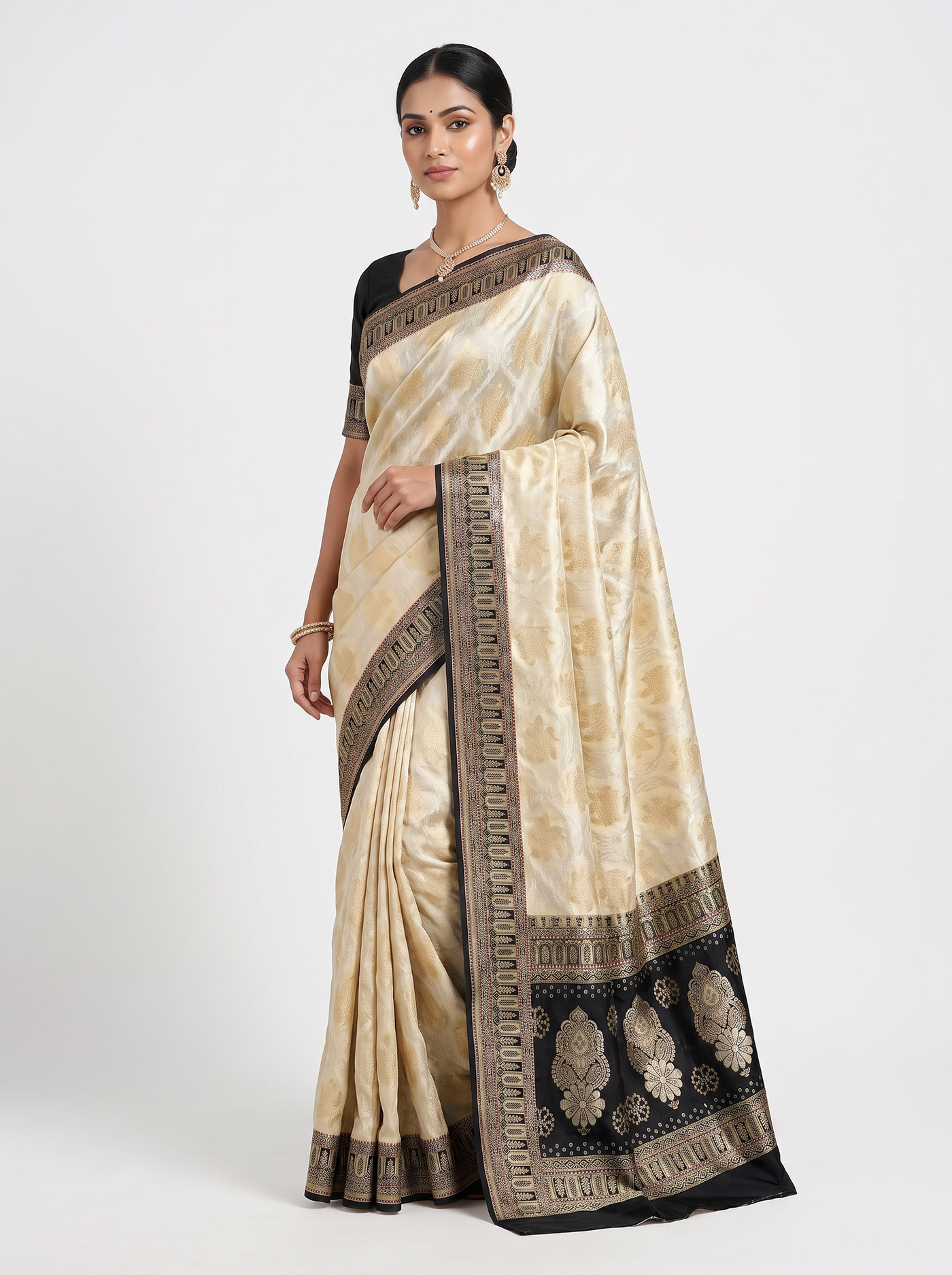 Charcoal Grey + Off White + Beige + Grey Meenakshi silk saree with festive border