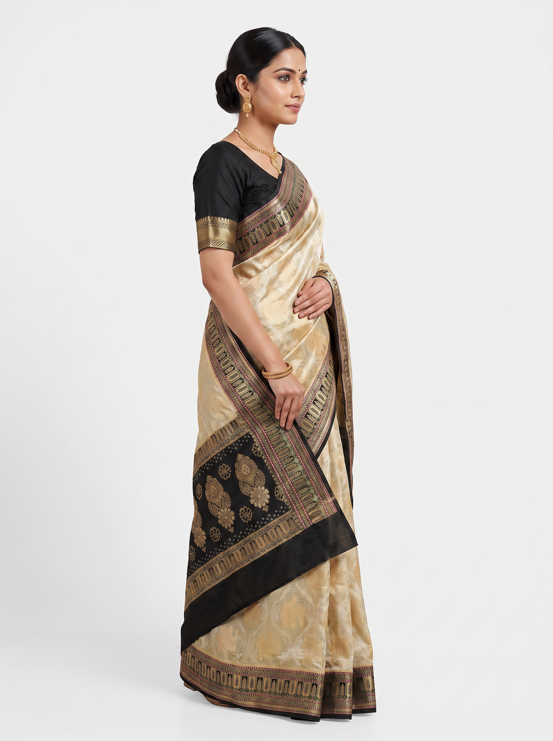 Meenakshi Silk Saree | Charcoal Grey + Off White + Beige + Grey Festive Silk | Contrast Border | Reshmi Sarees image 2