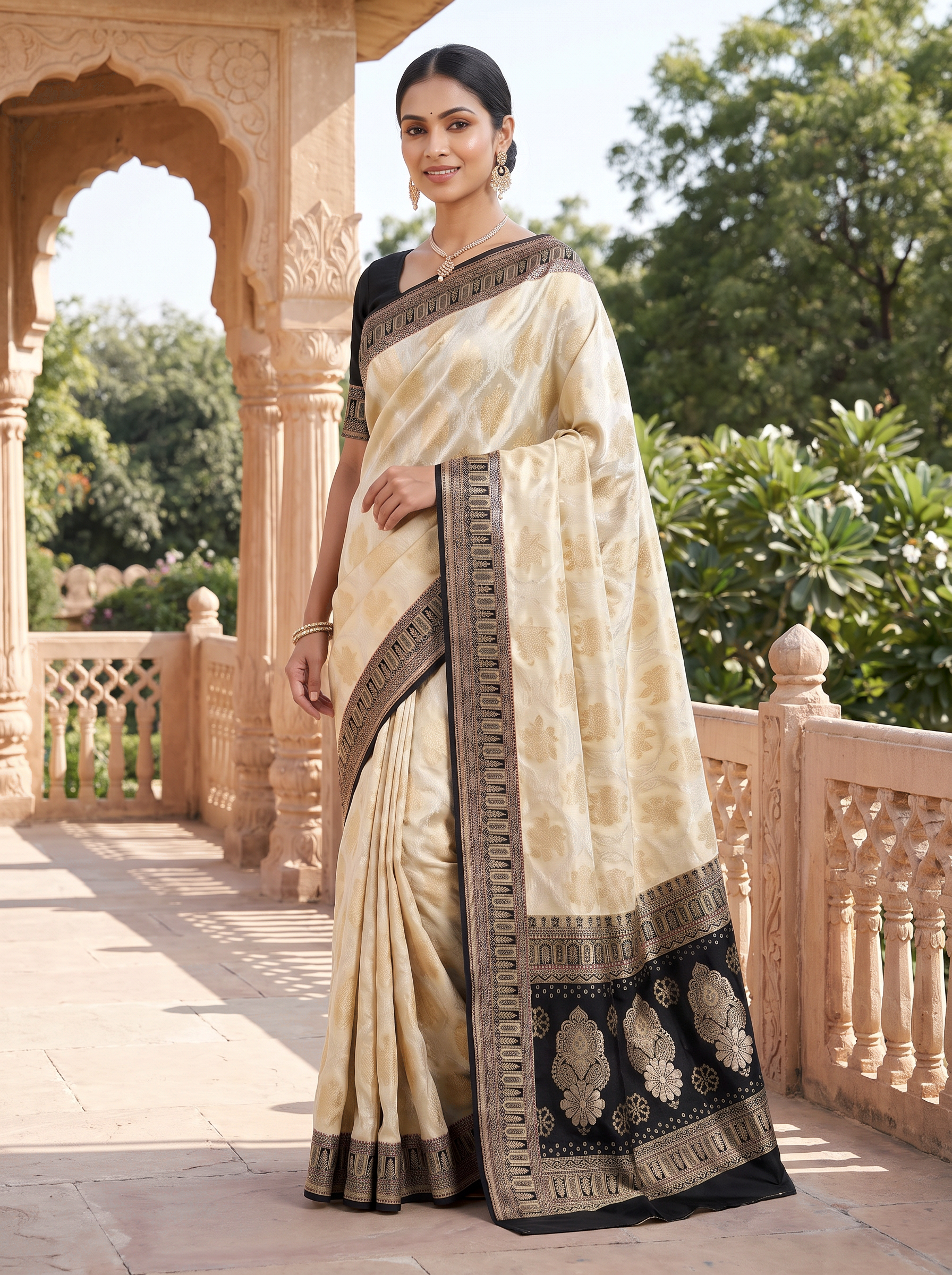 Meenakshi Silk Saree | Charcoal Grey + Off White + Beige + Grey Festive Silk | Contrast Border | Reshmi Sarees image 4