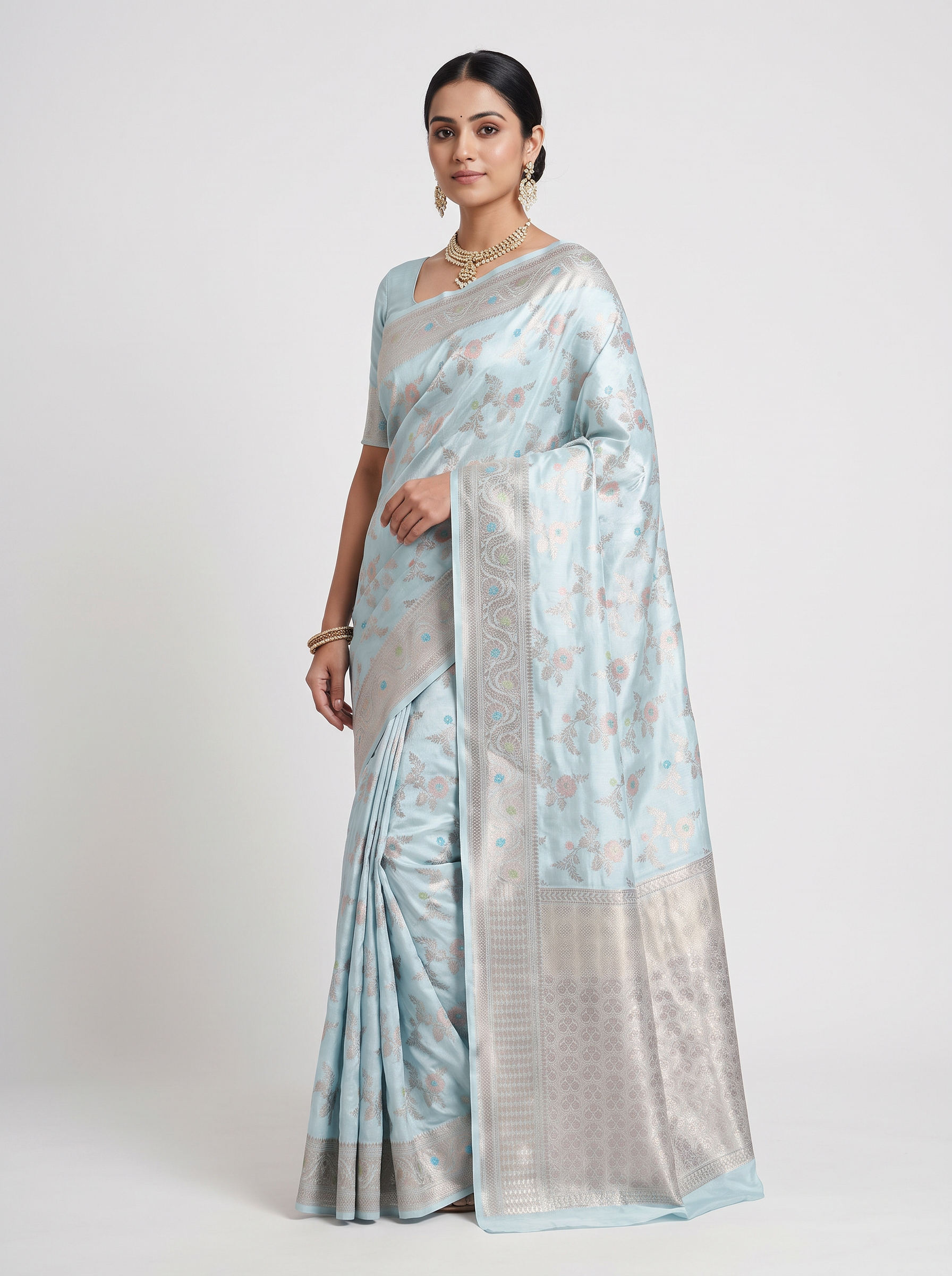 Off White + Beige Meenakshi silk saree with festive border