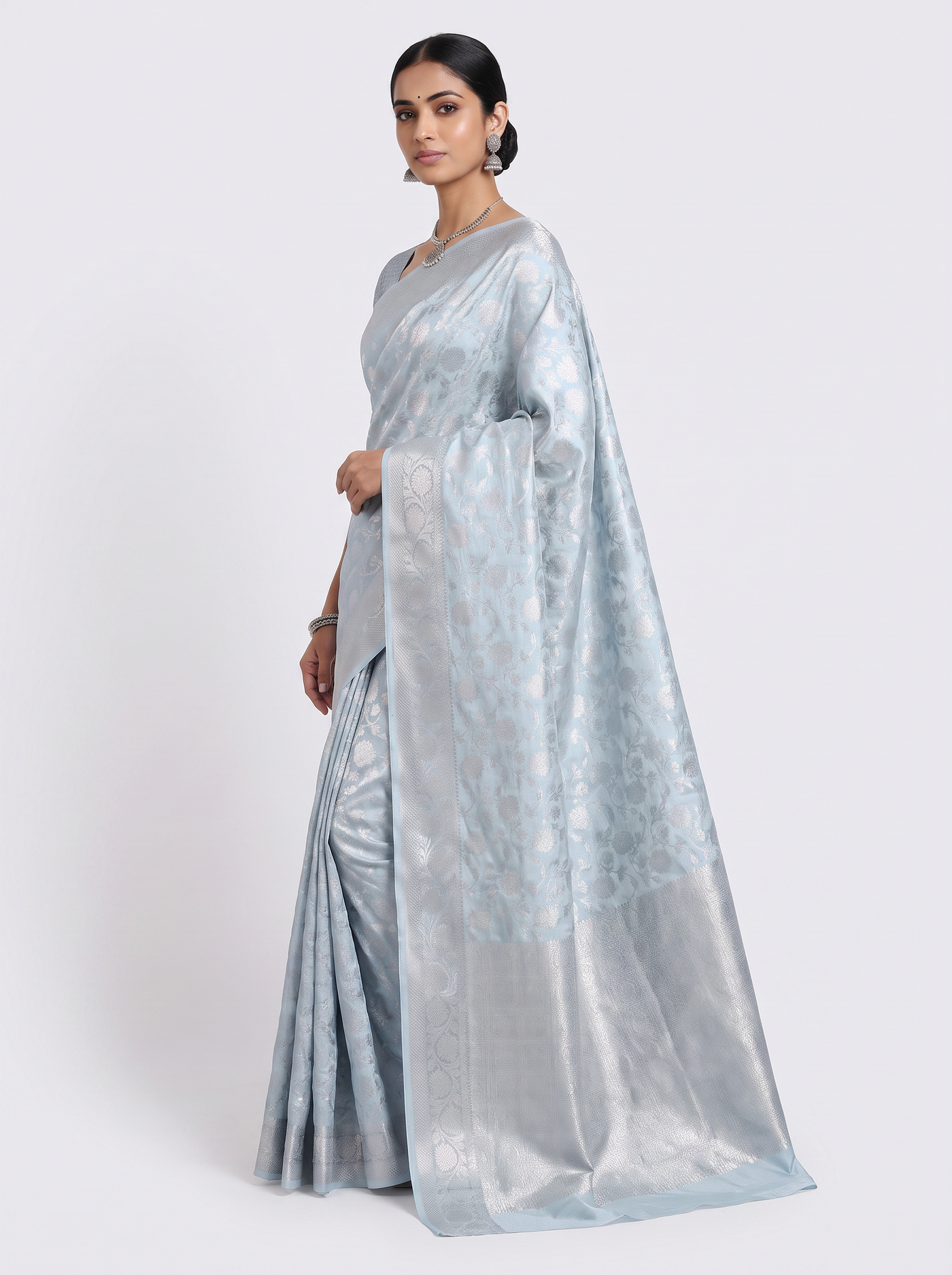 Meenakshi Silk Saree | Off White + Silver Grey + Grey Festive Silk | Contrast Border | Reshmi Sarees image 2