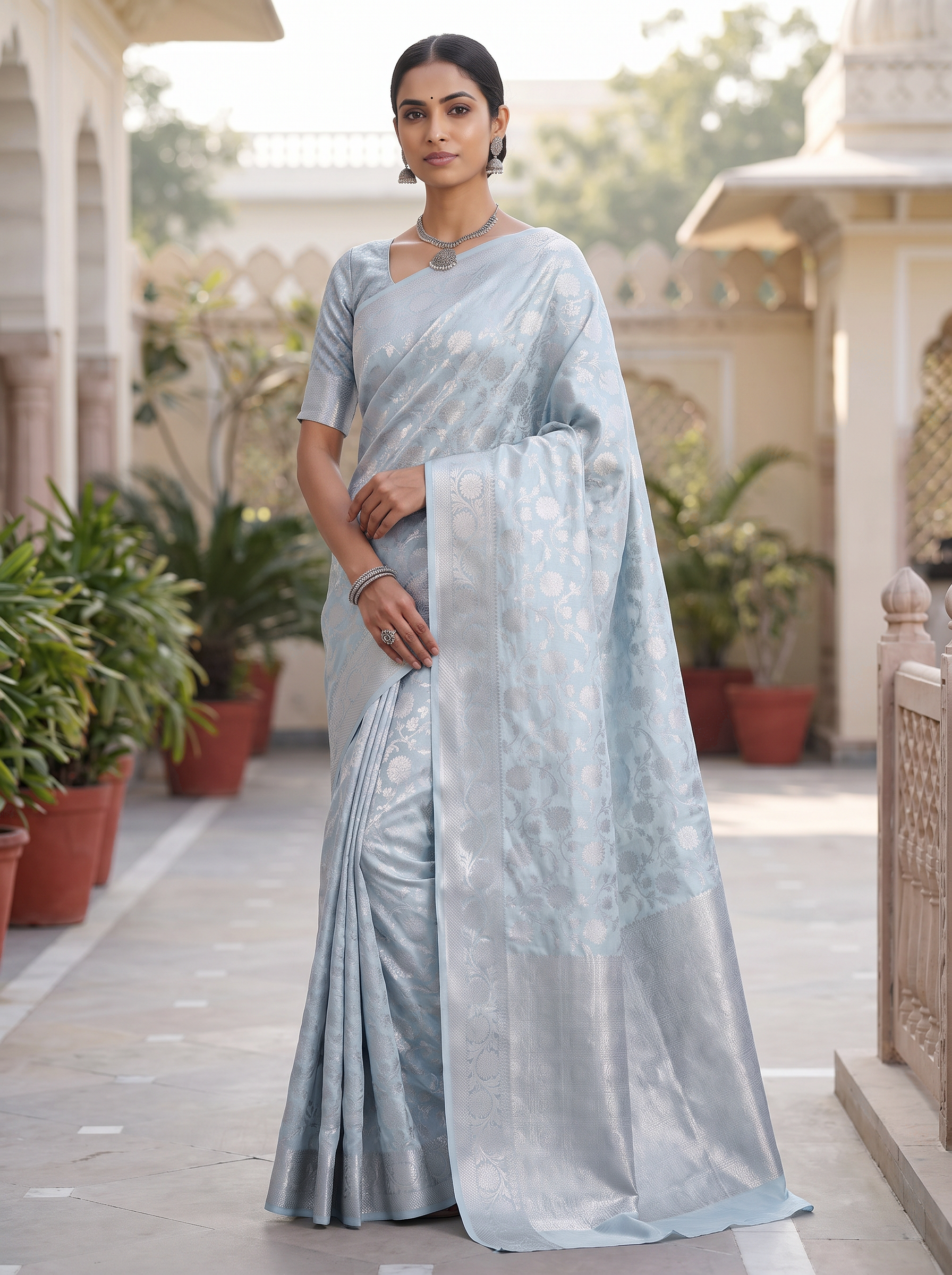 Meenakshi Silk Saree | Off White + Silver Grey + Grey Festive Silk | Contrast Border | Reshmi Sarees image 4