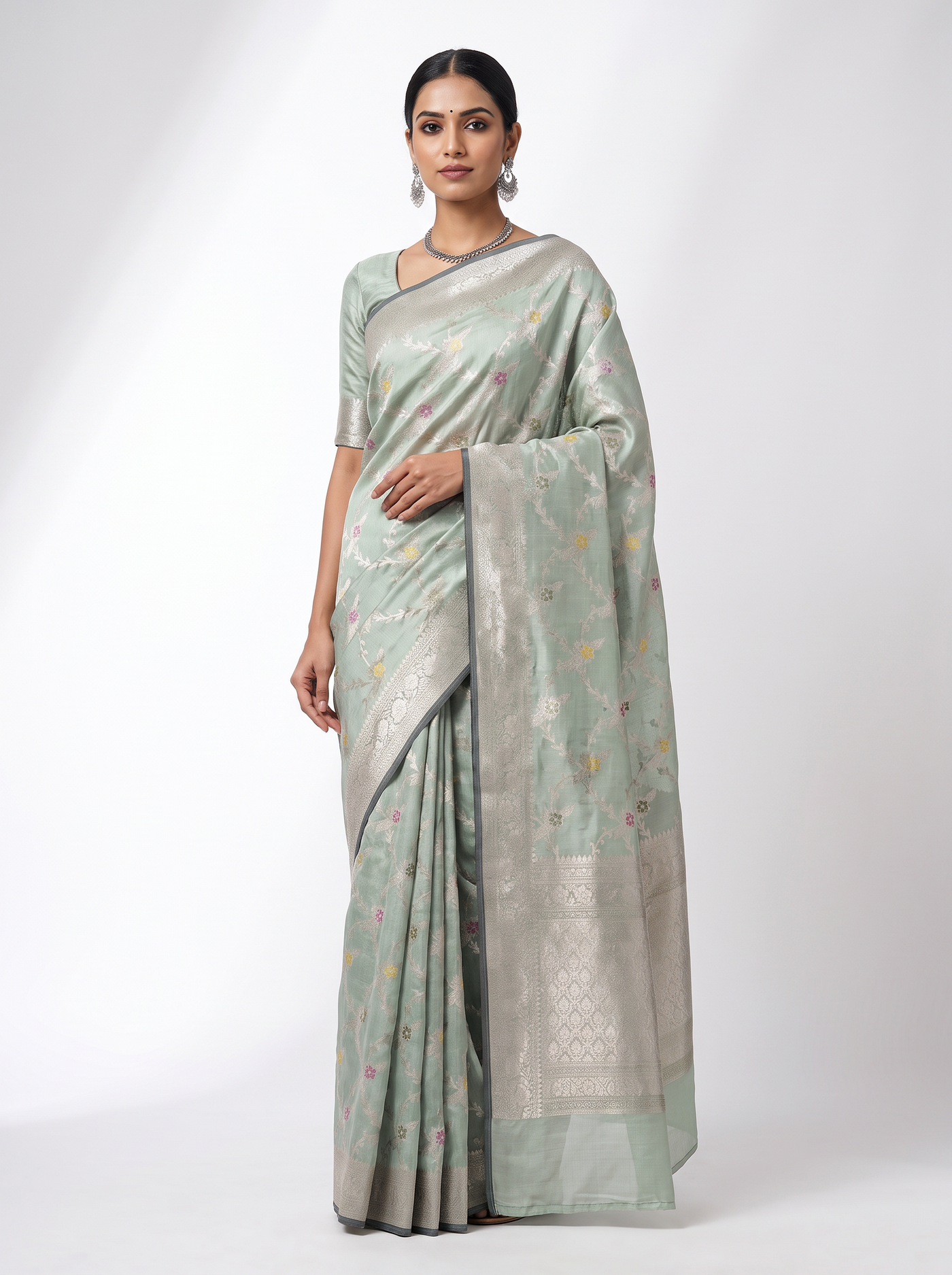 Grey + Peach Meenakshi silk saree with festive border