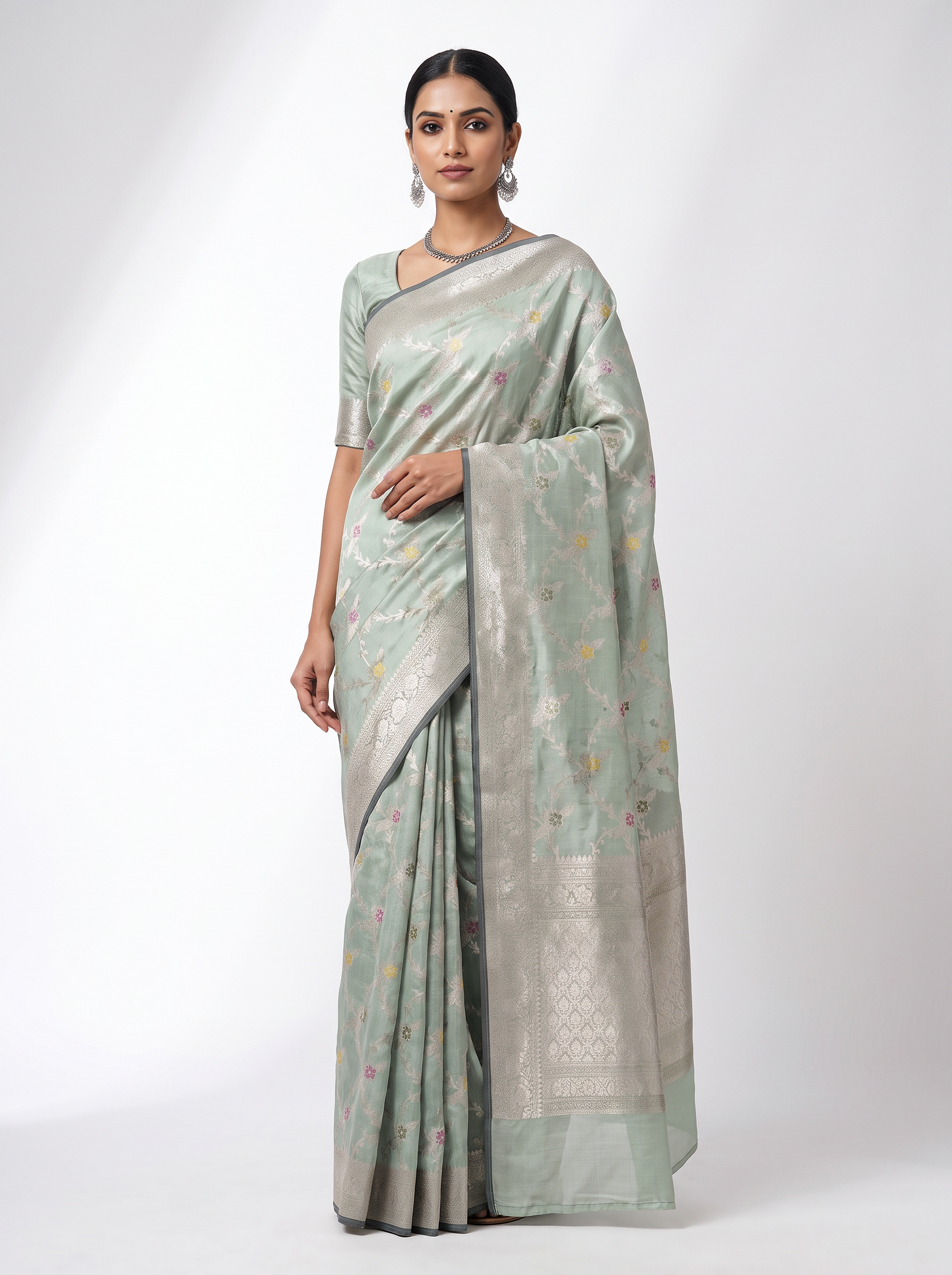 Grey + Peach Meenakshi silk saree with festive border