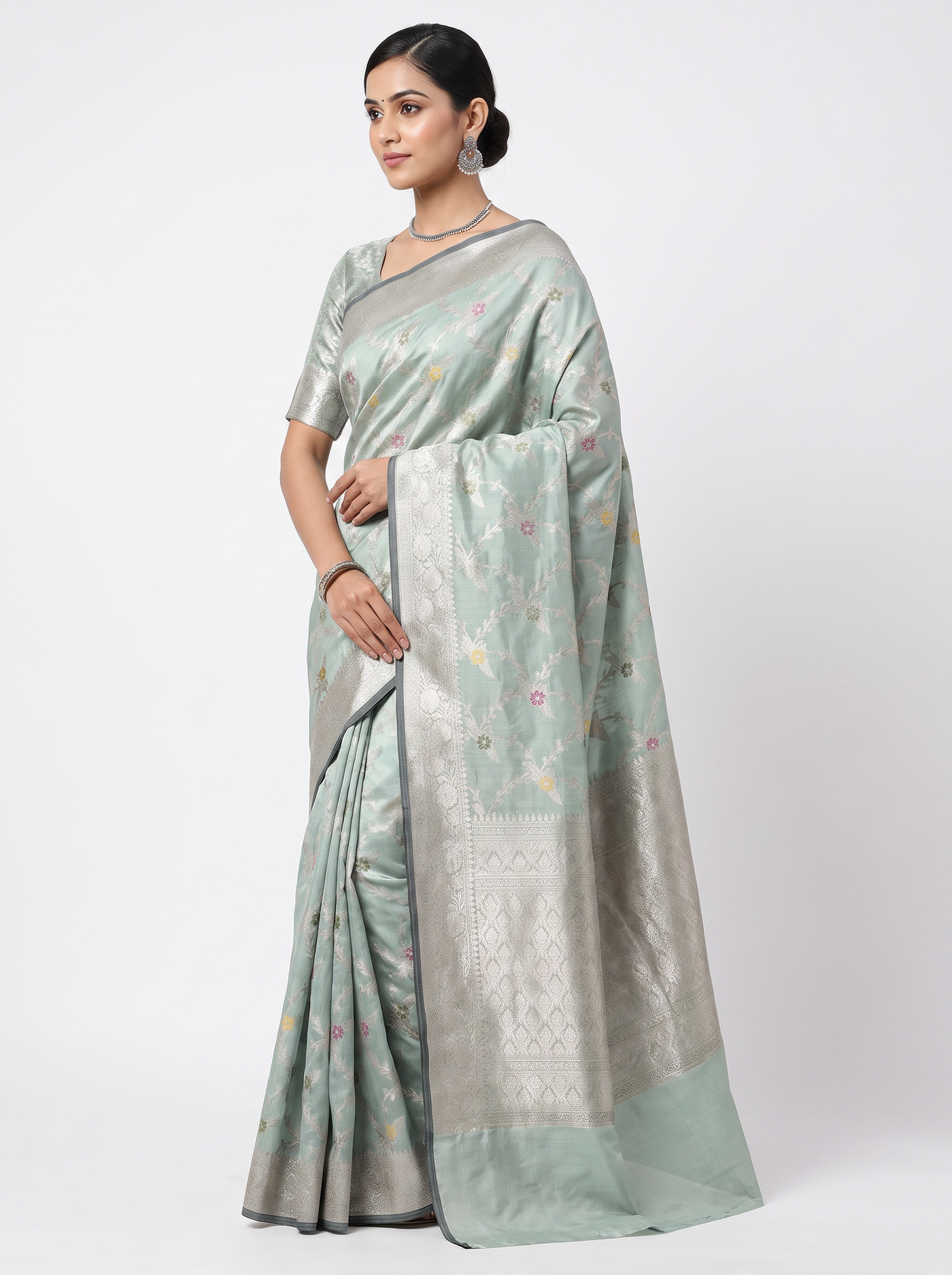 Meenakshi Silk Saree | Grey + Peach Festive Silk | Contrast Border | Reshmi Sarees image 2