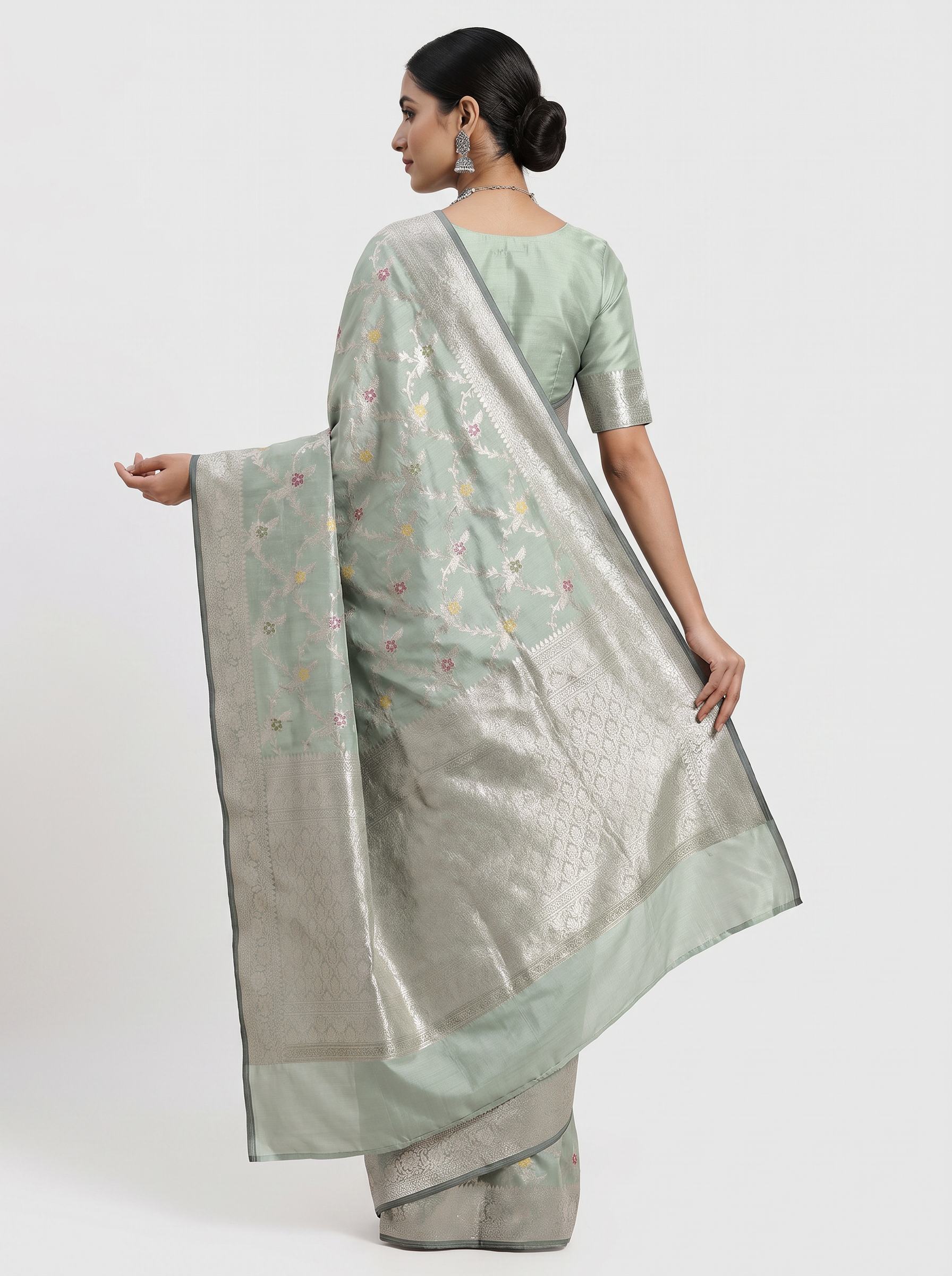 Meenakshi Silk Saree | Grey + Peach Festive Silk | Contrast Border | Reshmi Sarees image 3