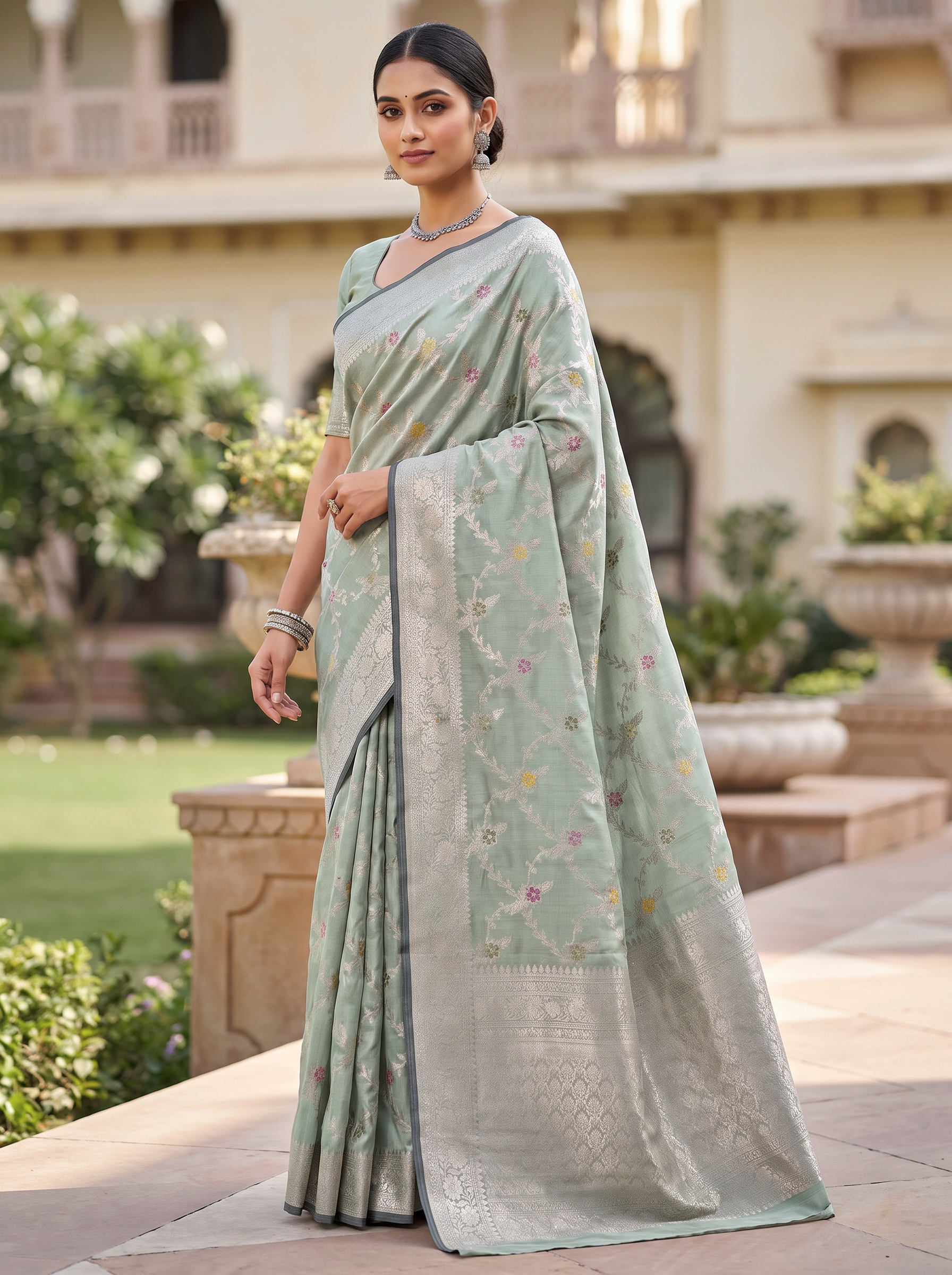 Meenakshi Silk Saree | Grey + Peach Festive Silk | Contrast Border | Reshmi Sarees image 4