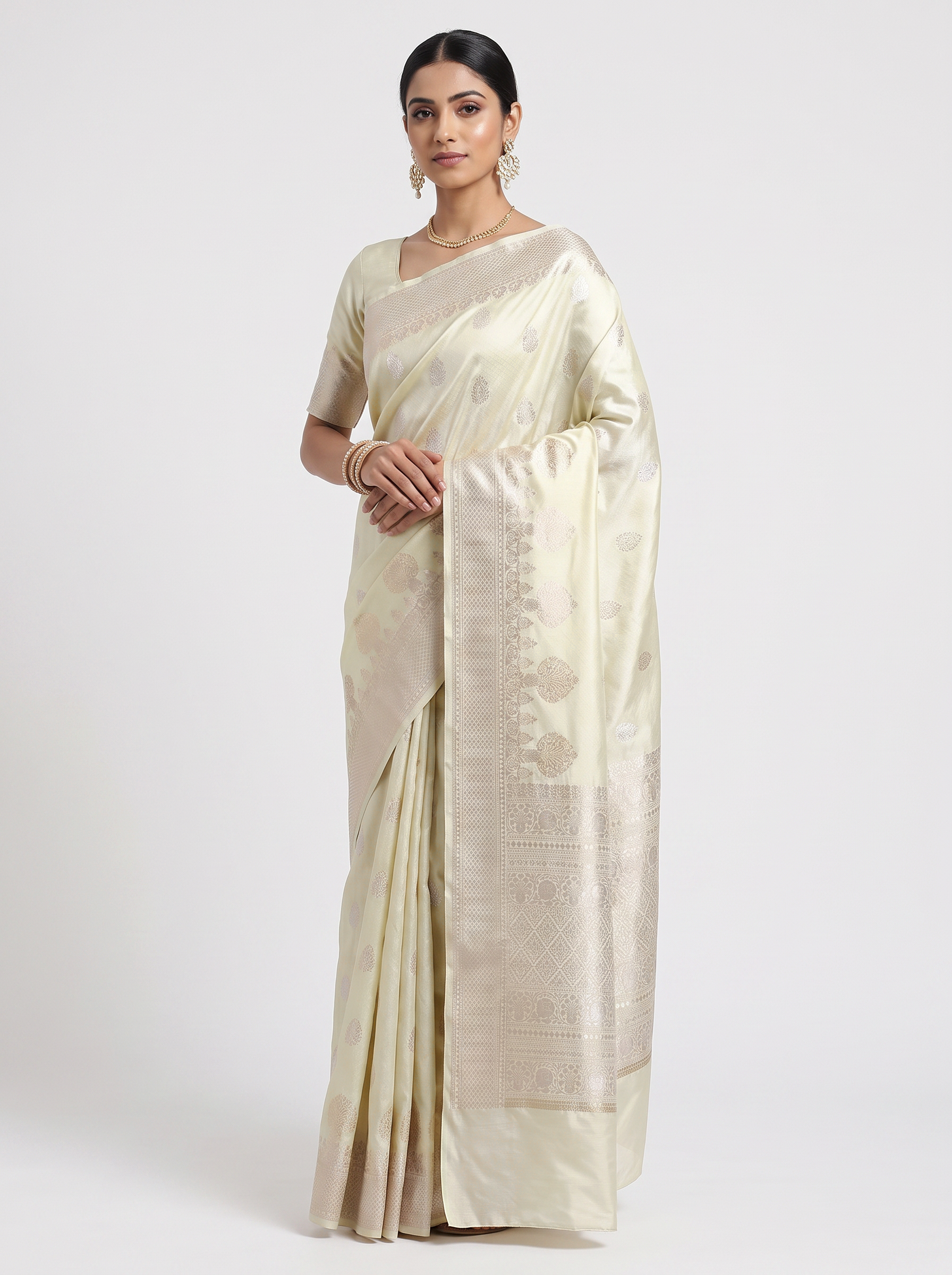 Off White + Silver Grey + Grey Meenakshi silk saree with festive border
