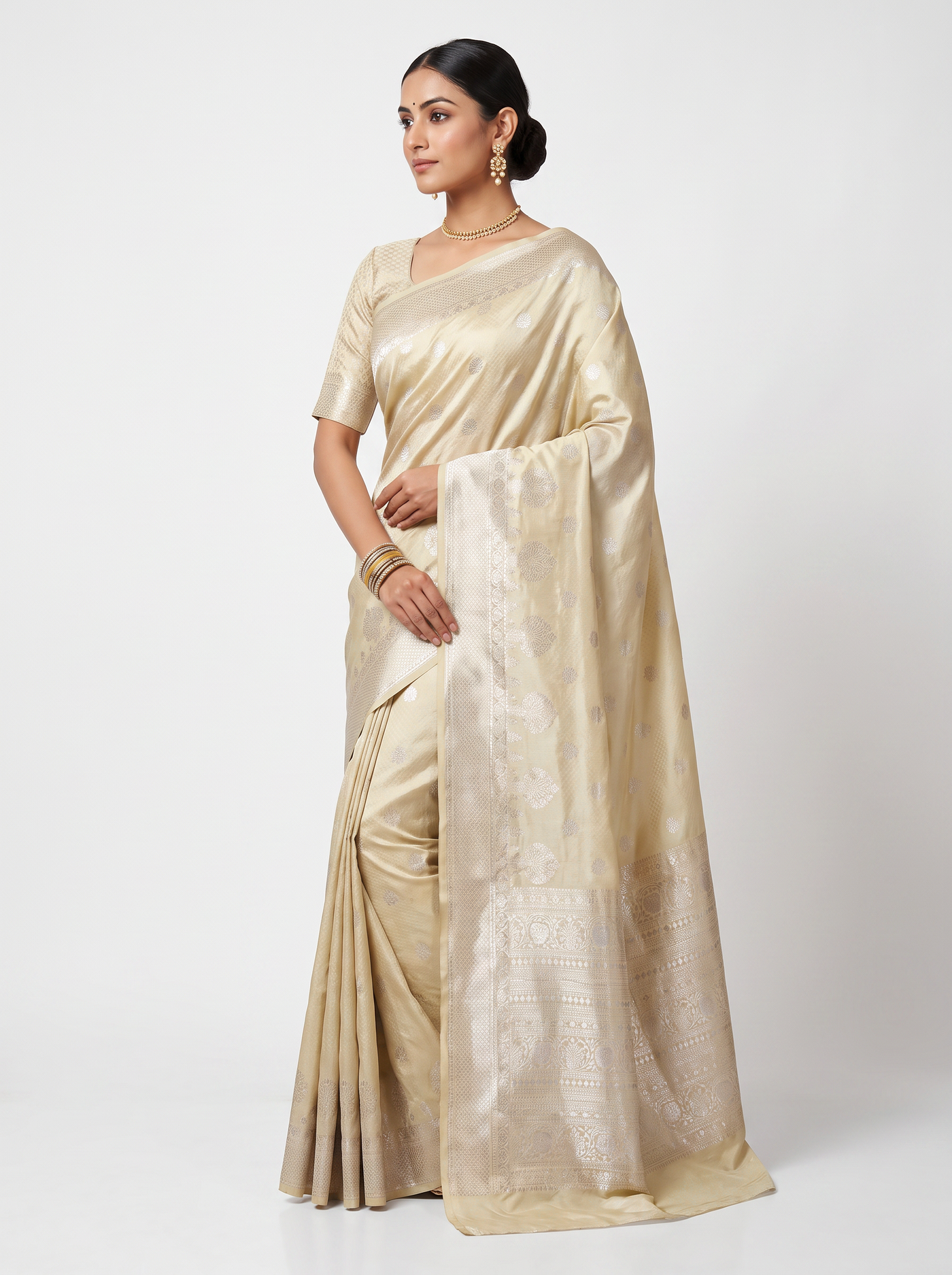 Meenakshi Silk Saree | Off White + Silver Grey + Grey Festive Silk | Contrast Border | Reshmi Sarees | Design 2 image 2