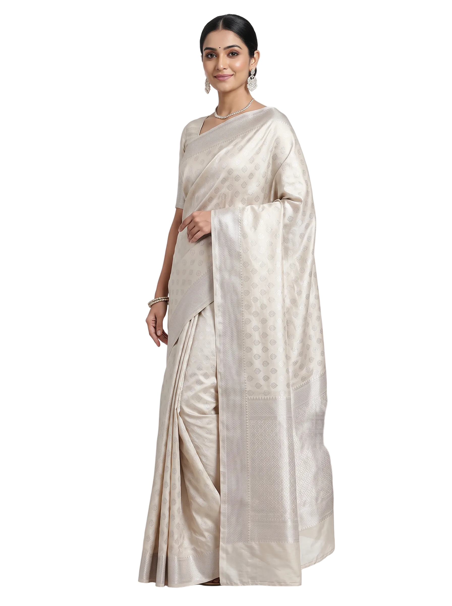 Off White + Silver Grey + Grey Meenakshi silk saree with festive border
